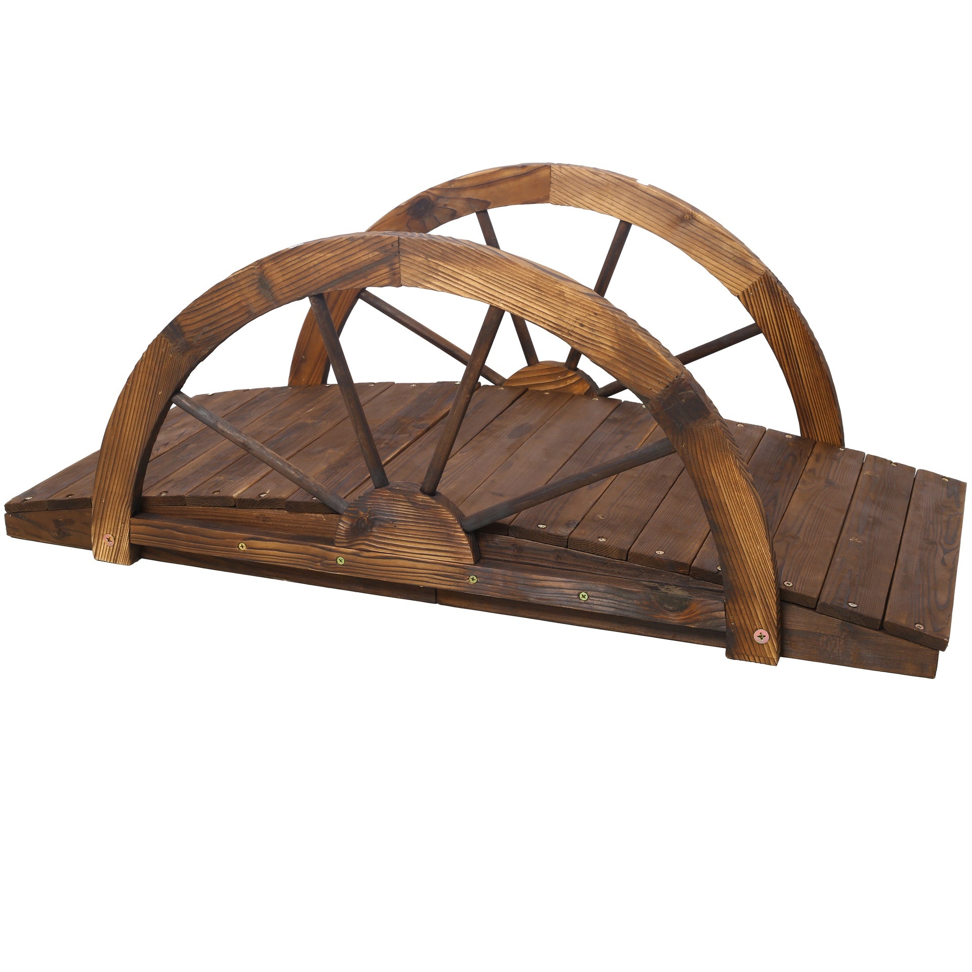 3.3ft Wooden Garden Bridge Arc Footbridge with Half-Wheel Style Railings & Solid Fir Construction, Stained Wood
