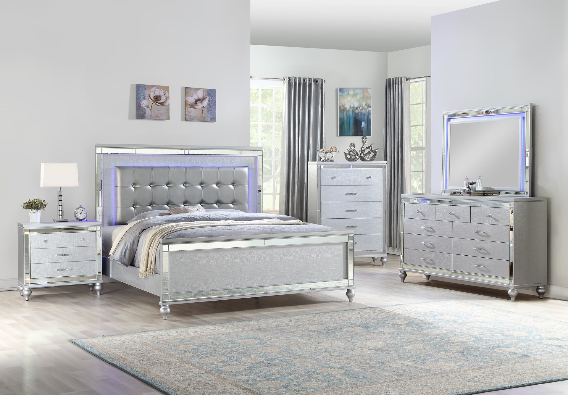STERLING King 5 PC LED Bedroom set made with wood in Silver Color (NJ INVENTORY)