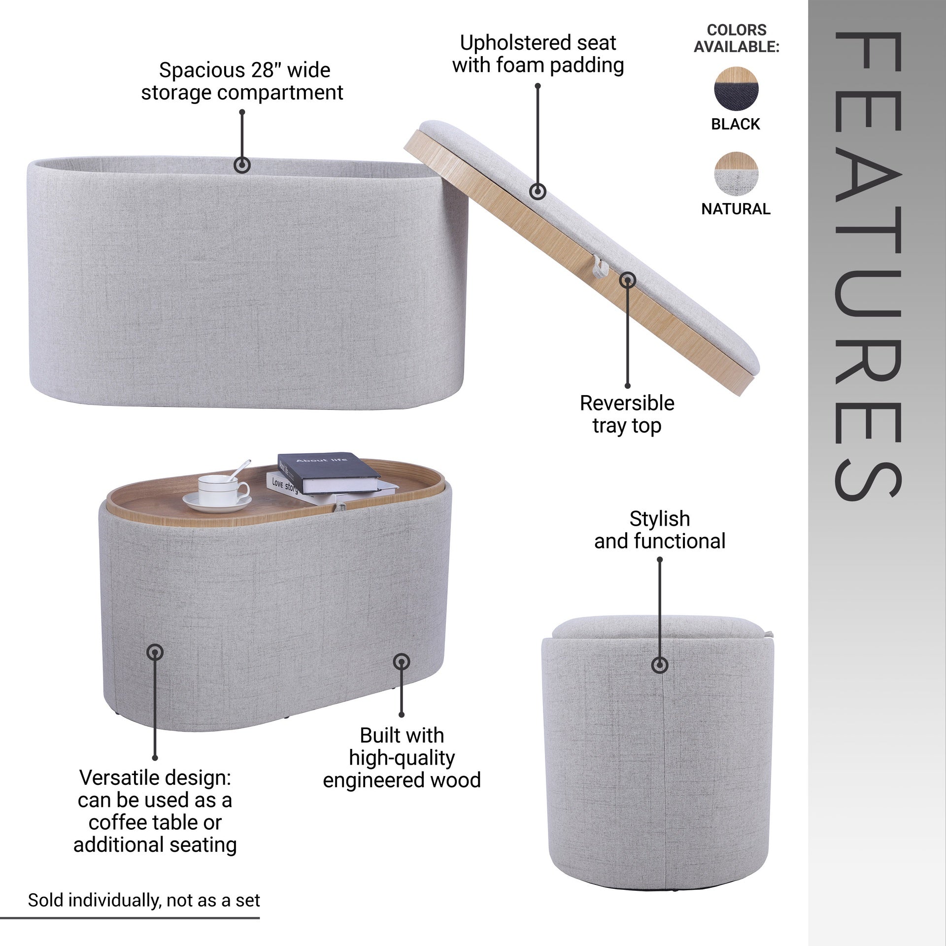 Storage Ottoman with Reversible Wooden Tray Top, Natural