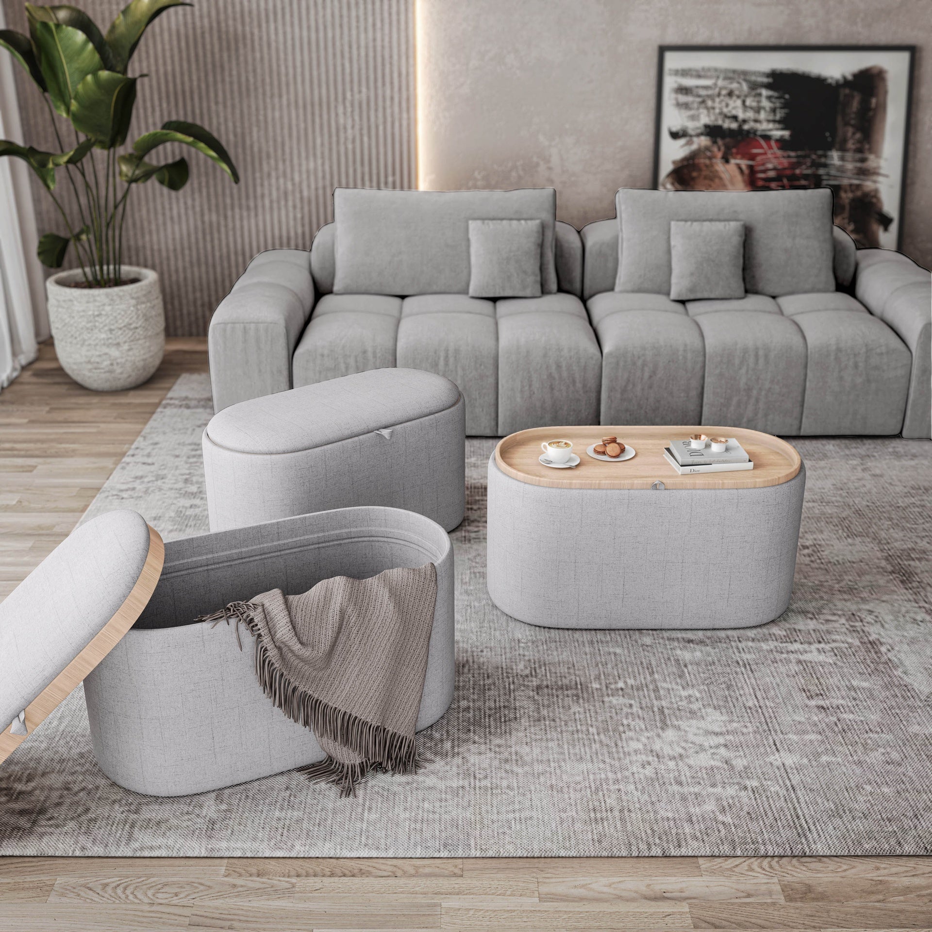 Storage Ottoman with Reversible Wooden Tray Top, Natural