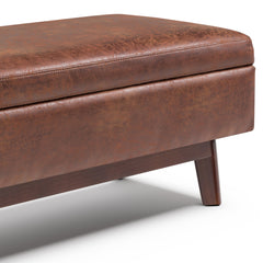 Owen 48 inch Wide Rectangular Storage Ottoman in Distressed Saddle Brown Vegan Leather