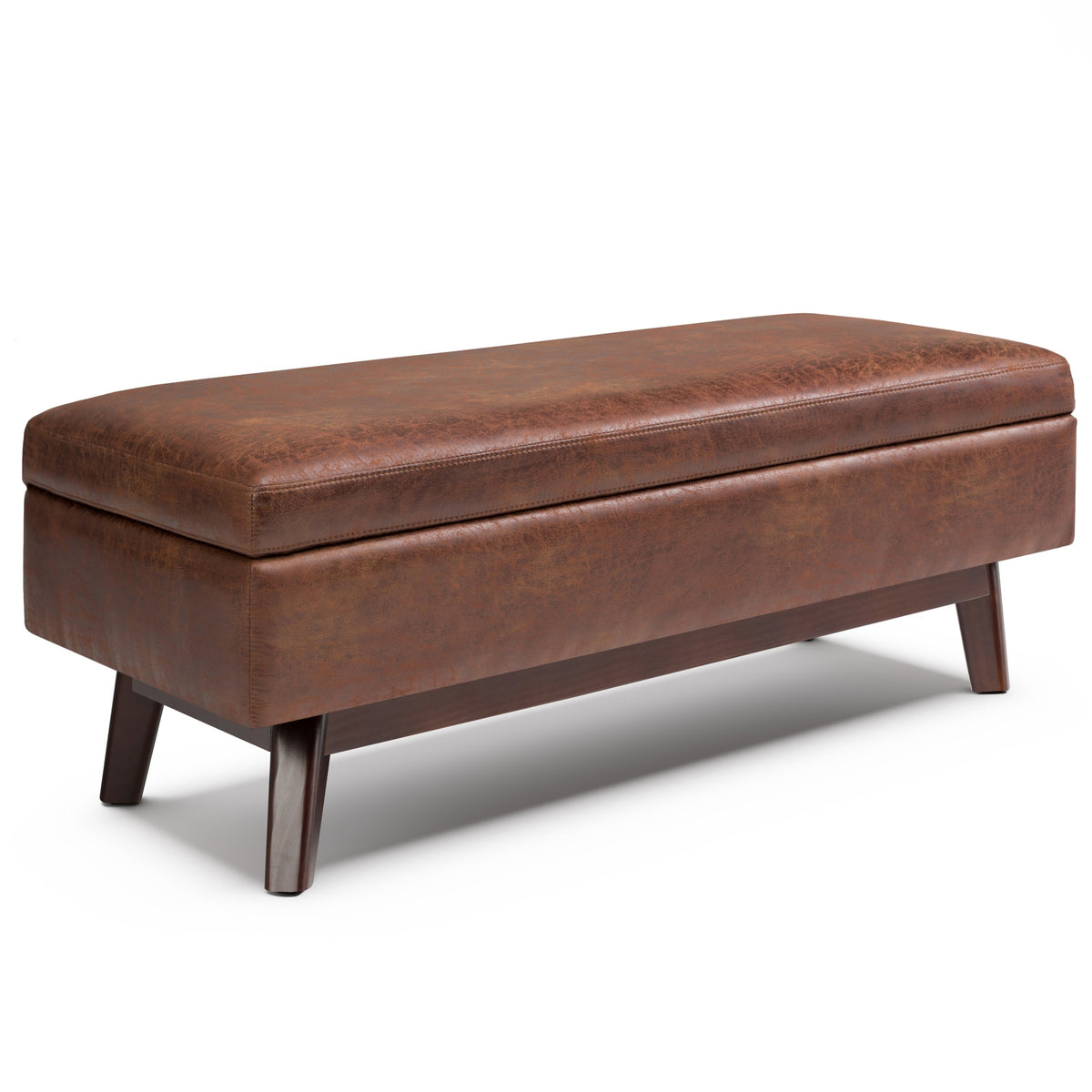 Owen 48 inch Wide Rectangular Storage Ottoman in Distressed Saddle Brown Vegan Leather