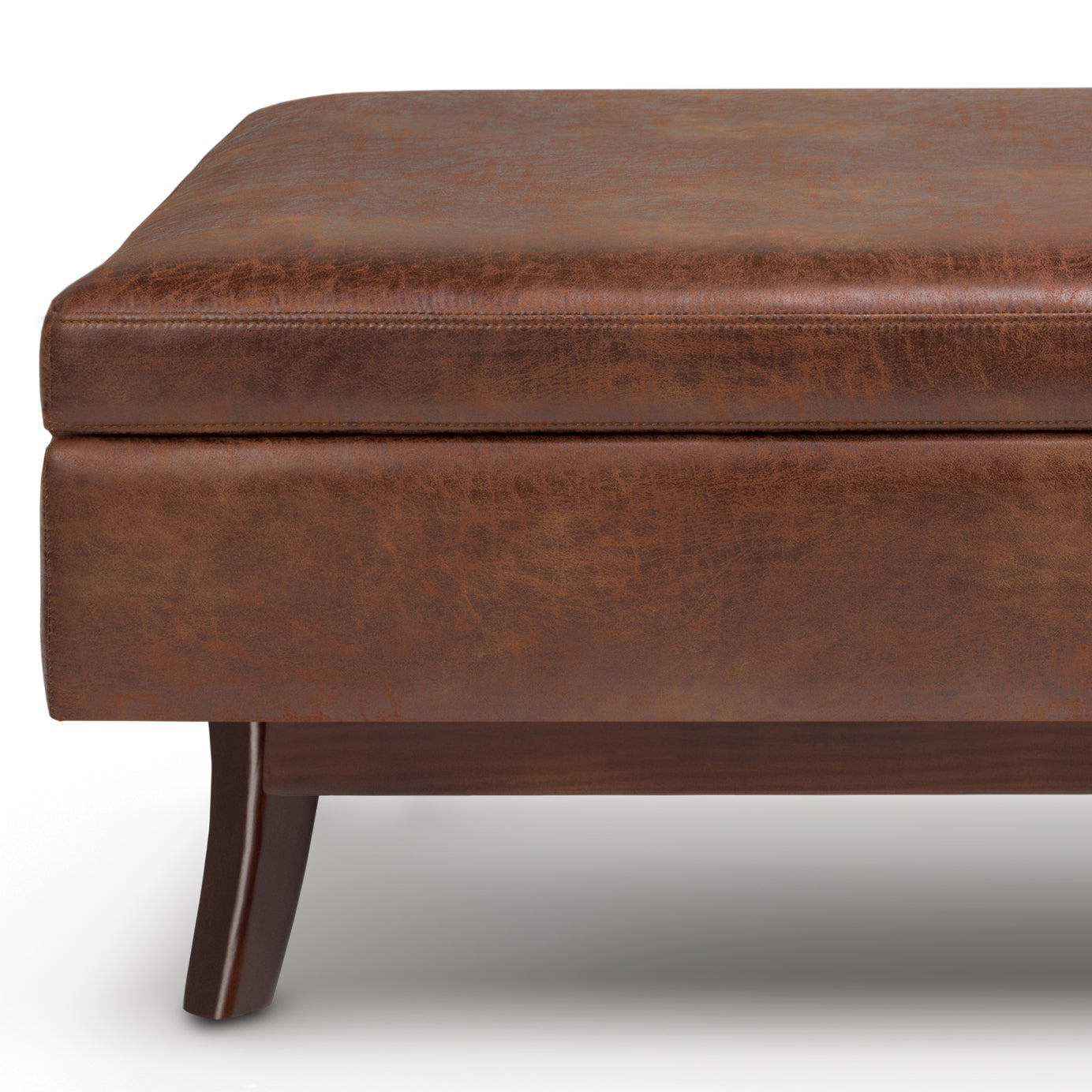 Owen 48 inch Wide Rectangular Storage Ottoman in Distressed Saddle Brown Vegan Leather