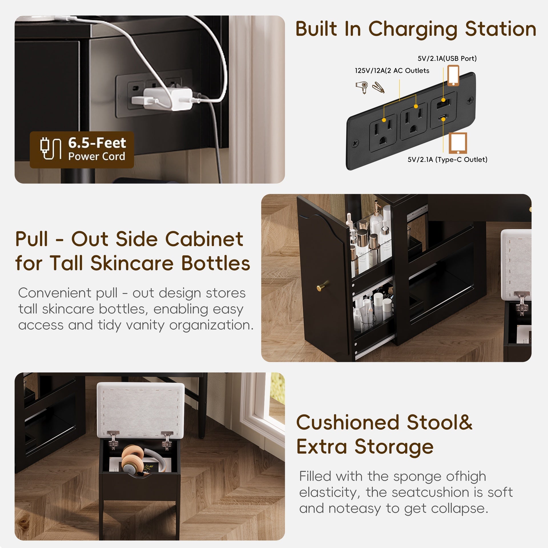 Corner Vanity Desk Set with Storage Cushioned Stool and Charging Station, Triangle Makeup Desk with Removable Pull-Out Side Cabinet, Glass Tabletop Makeup Vanity Desk with Drawer and Shelf, Black
