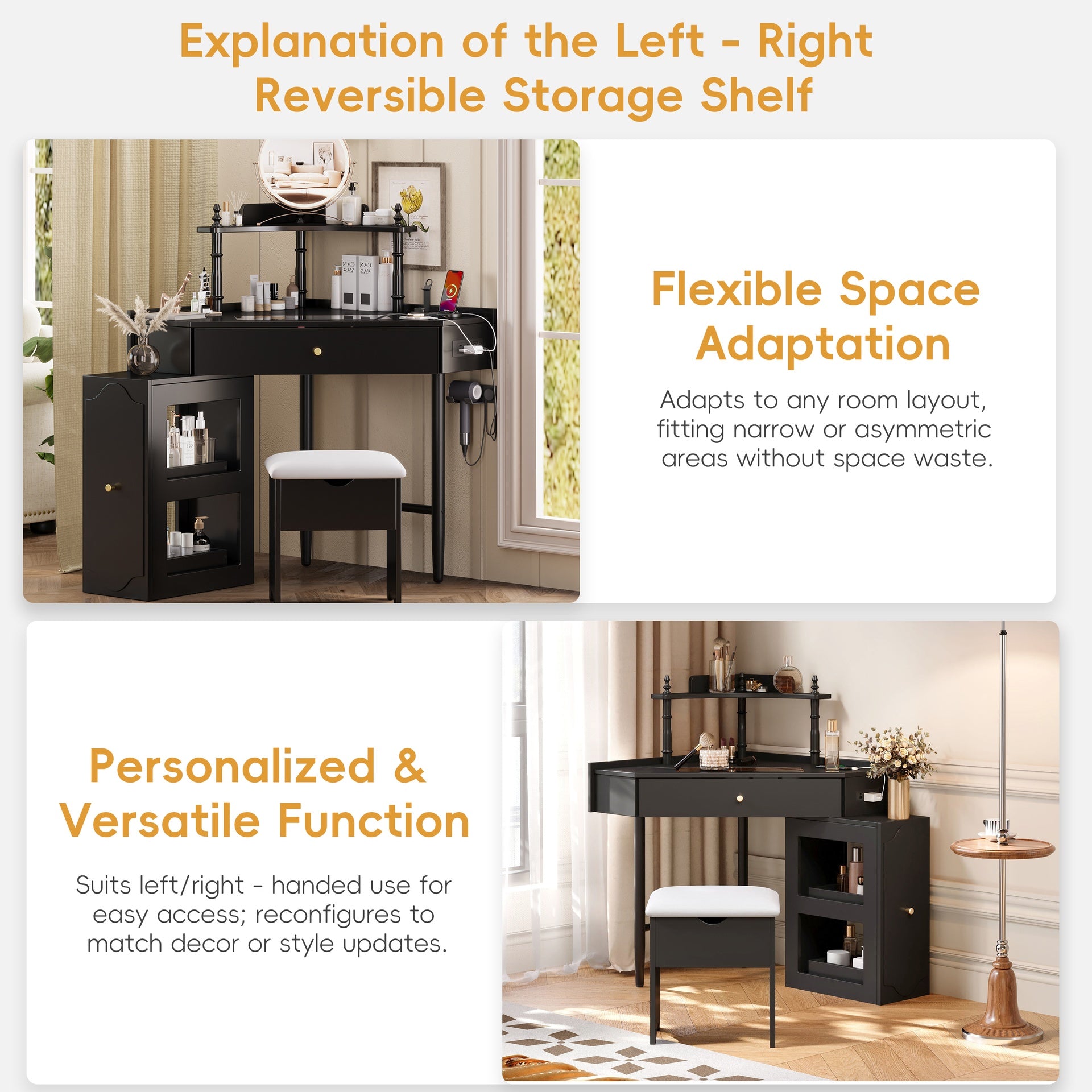 Corner Vanity Desk Set with Storage Cushioned Stool and Charging Station, Triangle Makeup Desk with Removable Pull-Out Side Cabinet, Glass Tabletop Makeup Vanity Desk with Drawer and Shelf, Black