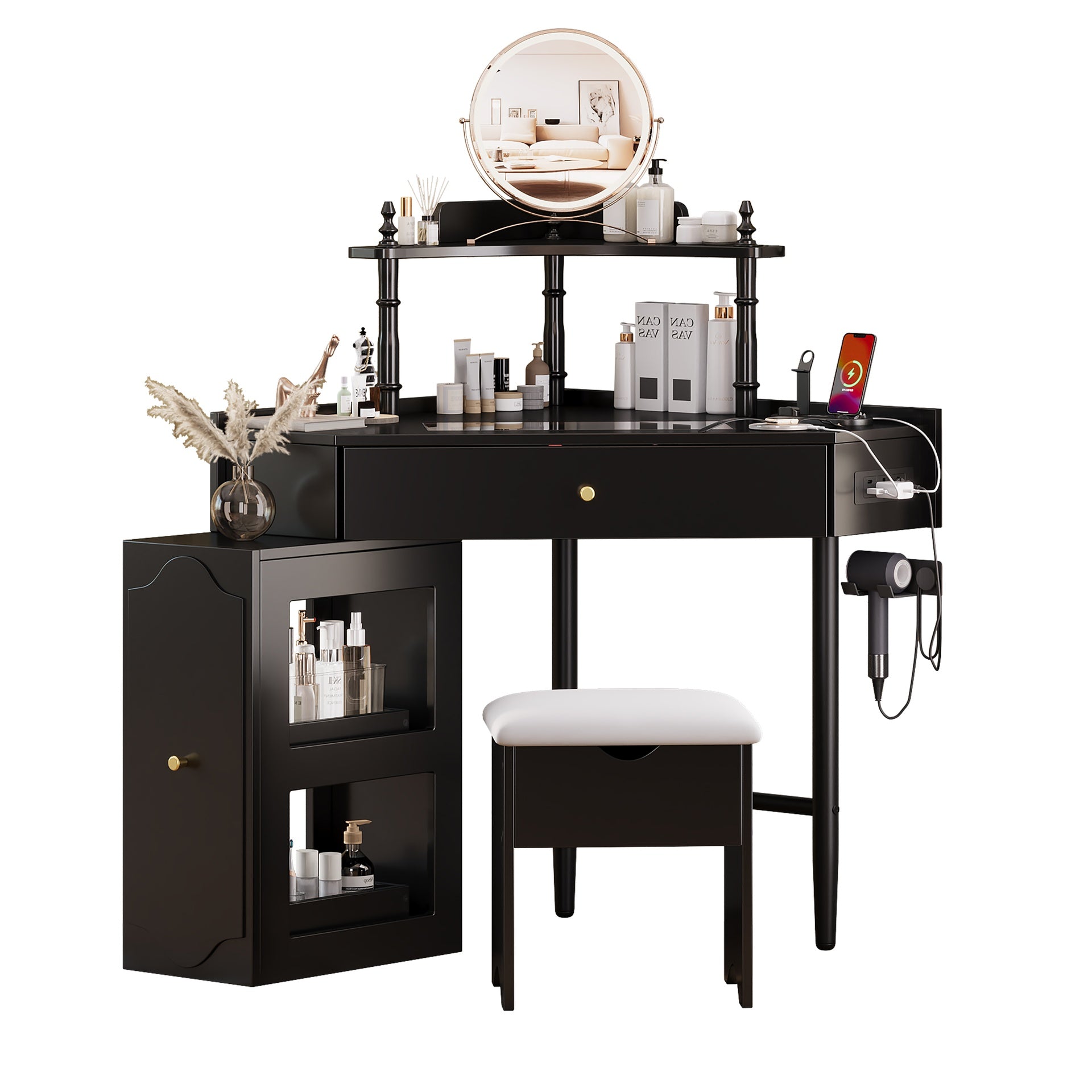 Corner Vanity Desk Set with Storage Cushioned Stool and Charging Station, Triangle Makeup Desk with Removable Pull-Out Side Cabinet, Glass Tabletop Makeup Vanity Desk with Drawer and Shelf, Black
