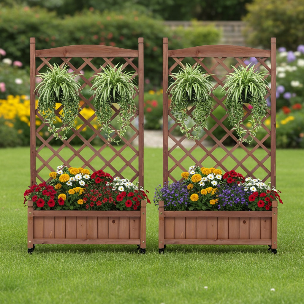 Raised Garden Bed with Trellis 2 Pack, Outdoor Wooden Planter Box & Plant Stand with Climbing Racks