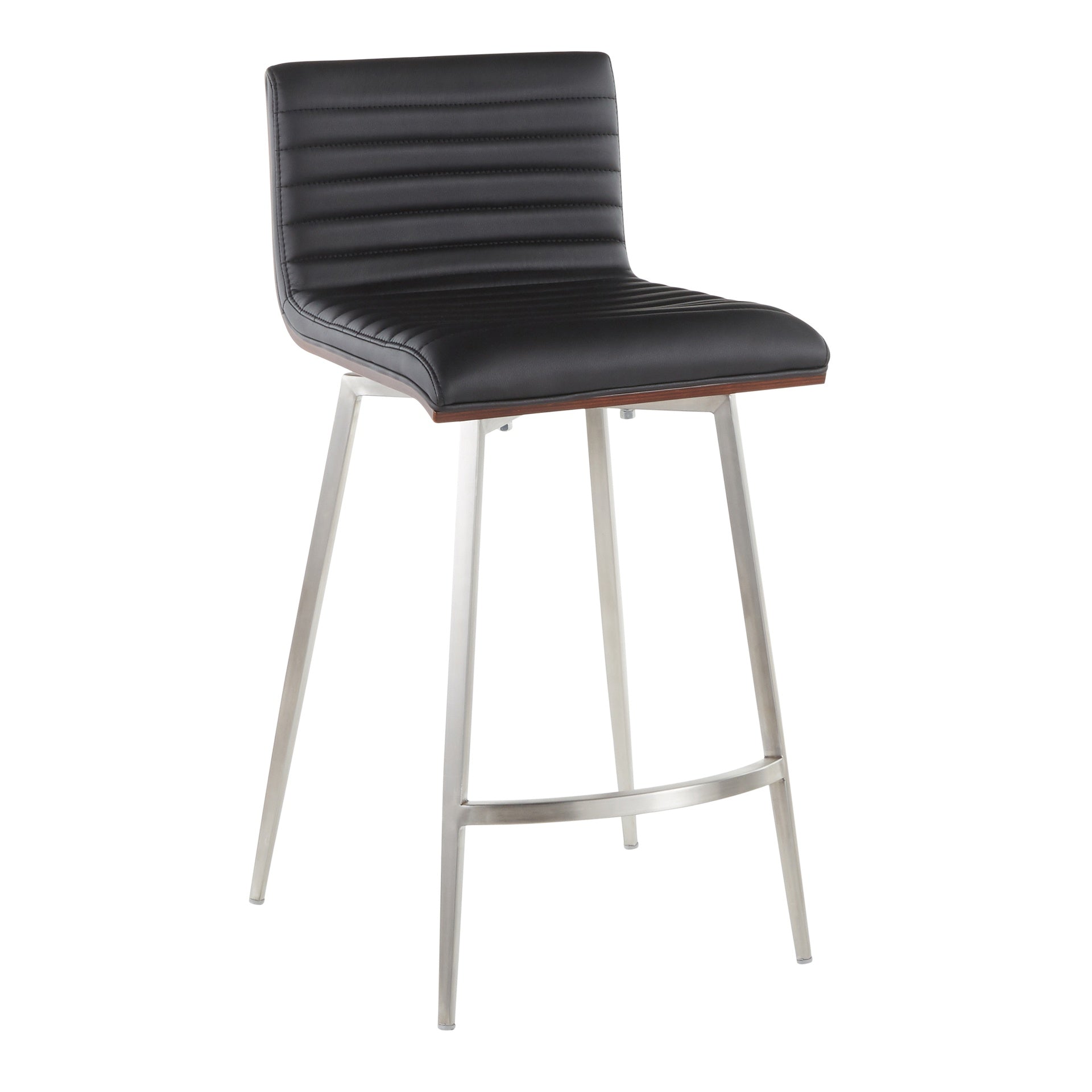 Mason Contemporary Swivel Counter Stool in Stainless Steel, Walnut Wood, and Black Faux Leather by LumiSource - Set of 2
