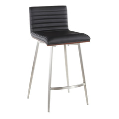 Mason Contemporary Swivel Counter Stool in Stainless Steel, Walnut Wood, and Black Faux Leather by LumiSource - Set of 2