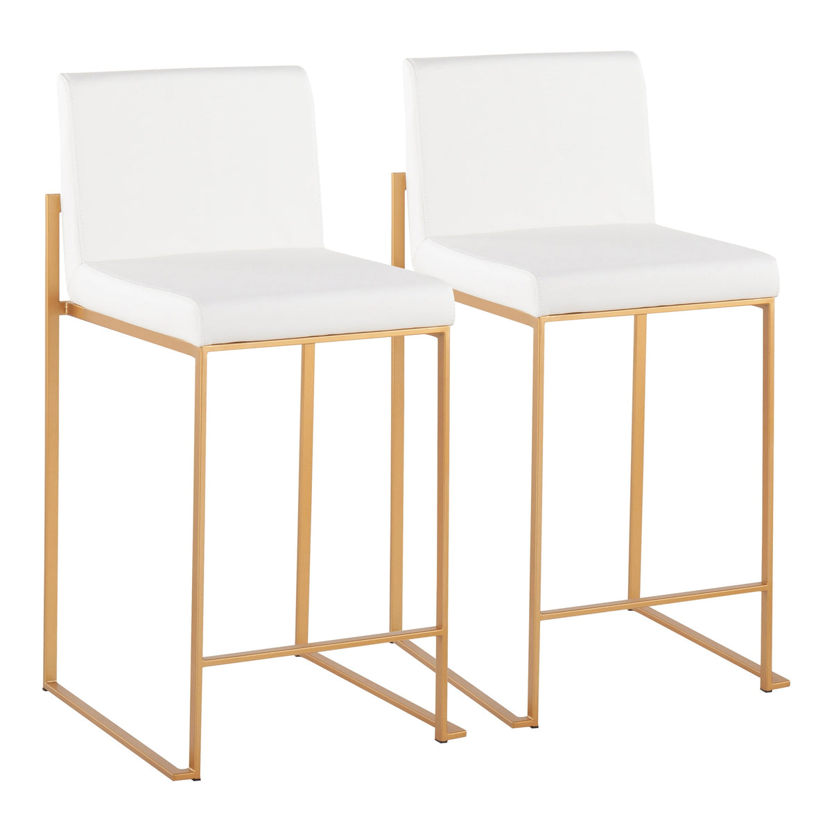 Fuji Contemporary High Back Counter Stool in Gold Steel and White Faux Leather by LumiSource - Set of 2