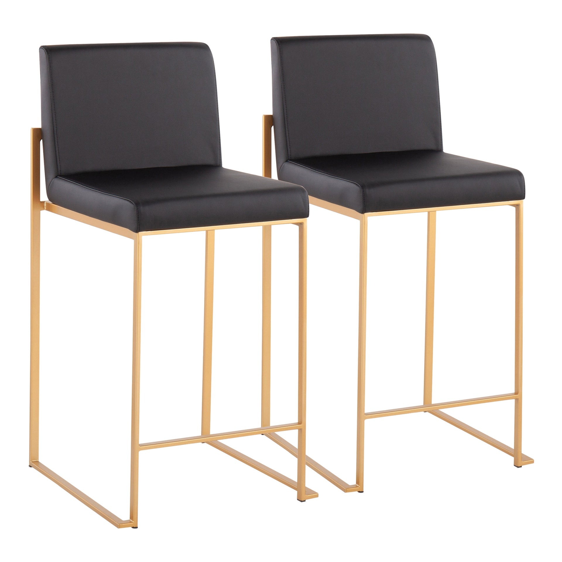 Fuji Contemporary High Back Counter Stool in Gold Steel and Black Faux Leather by LumiSource - Set of 2