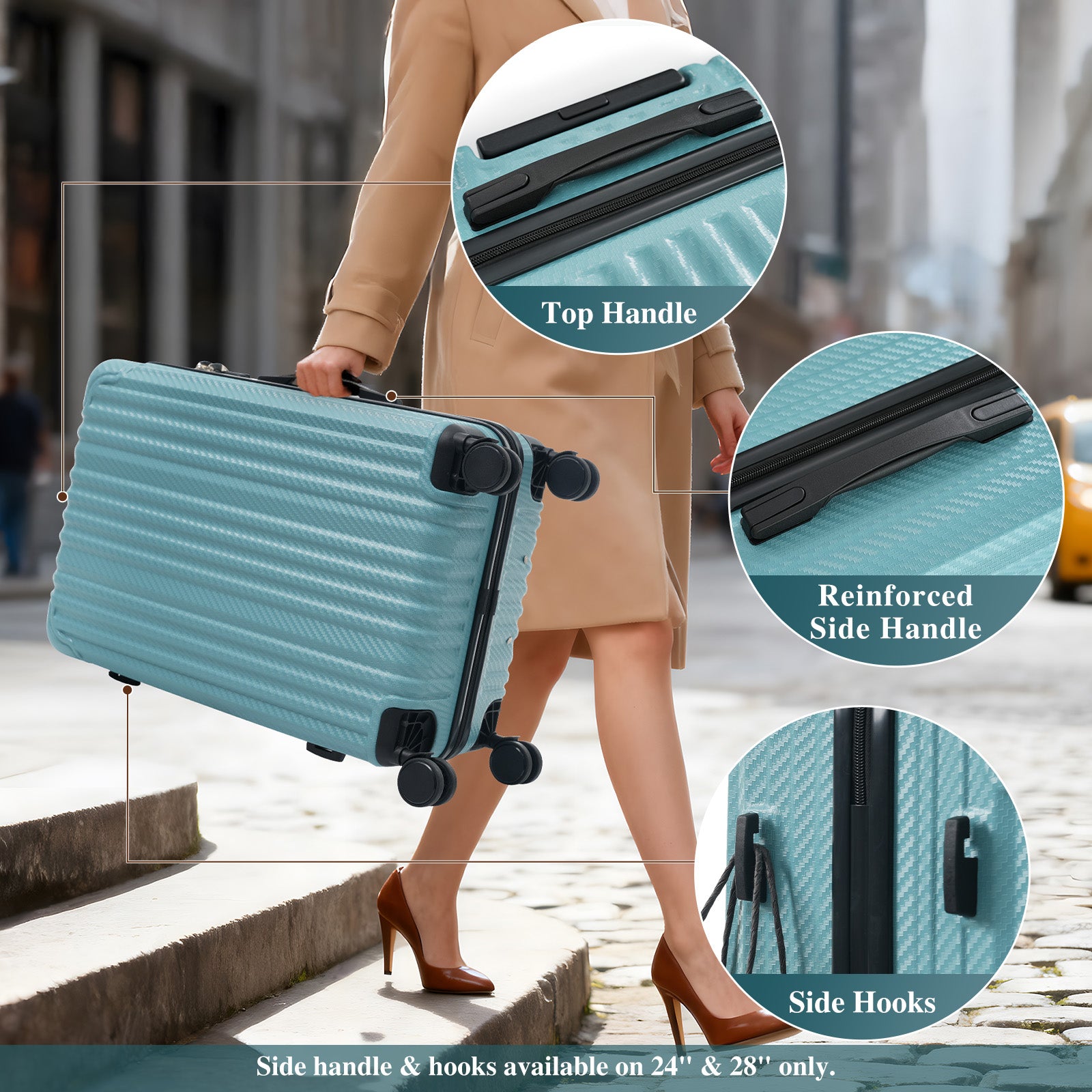 6-Piece Luggage Set, Durable Hardshell ABS Suitcase with Spinner Wheels, TSA Lock, Side Hooks, Lightweight Carry-On & Checked Luggage