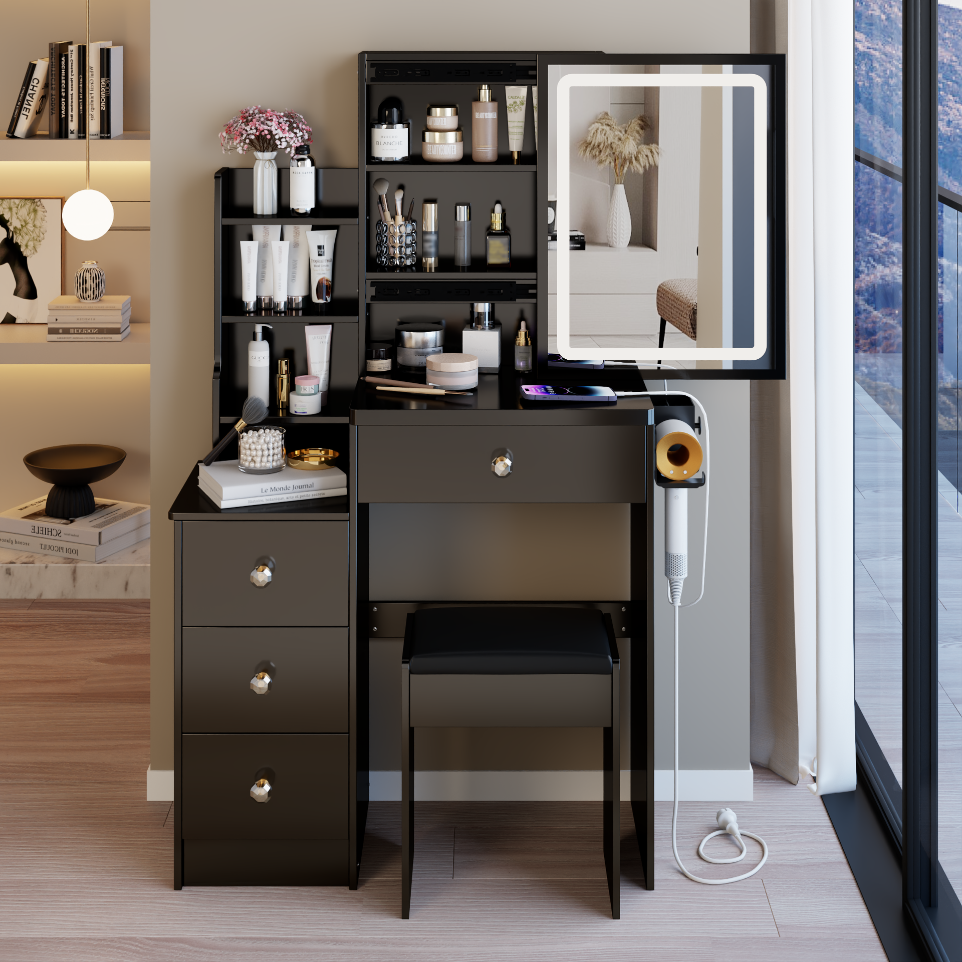 29.2 inch  Small Size Left Bedside Cabinet Vanity Table + Cushioned Stool, 2 AC+2 USB Power Station, Hair dryer bracket, Extra Large Touch Control Sliding LED Mirror, Tri-color Switching, Brightness Adjust