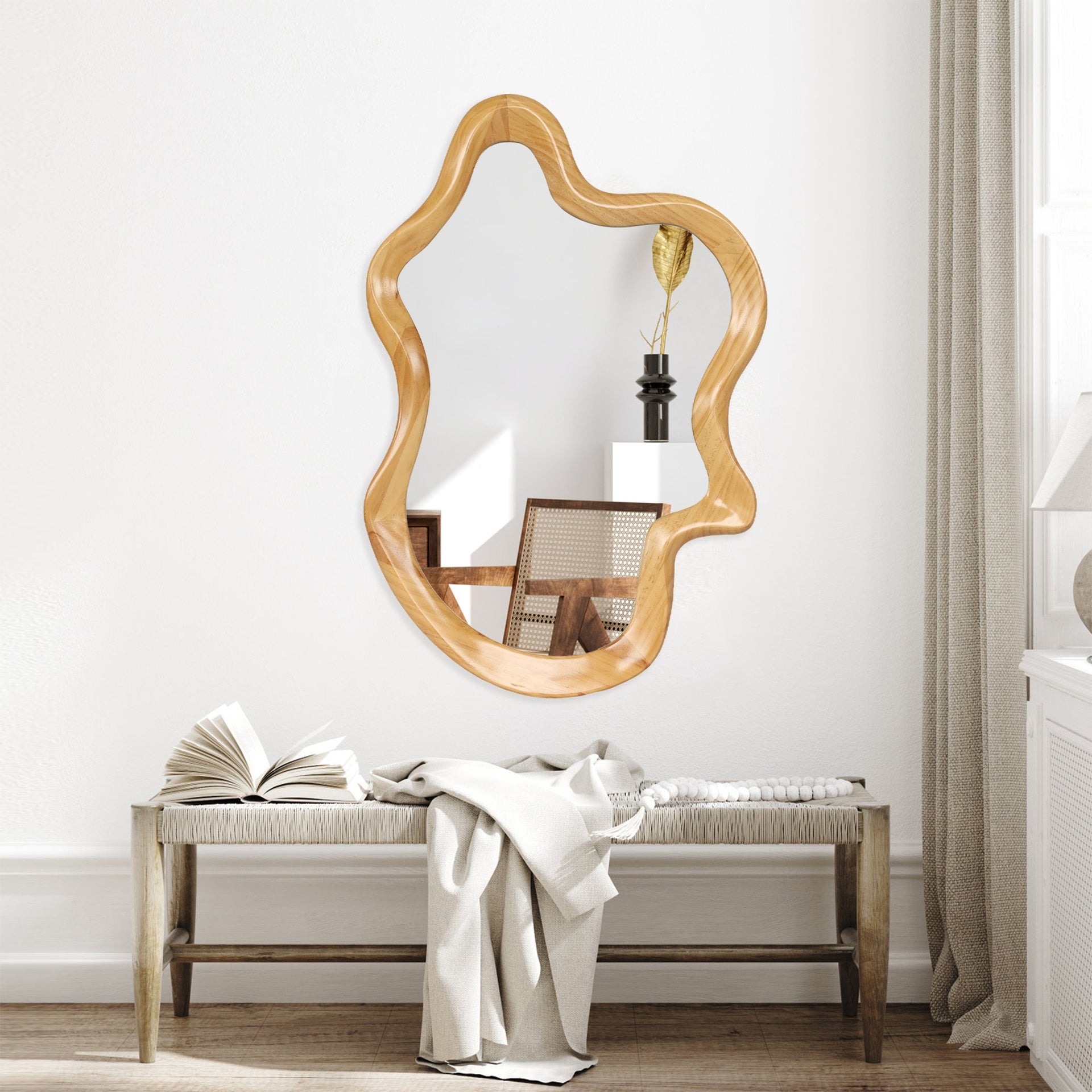 33.46" x 22.24" Irregular Shaped Wall Mirror with Natural Wood Frame