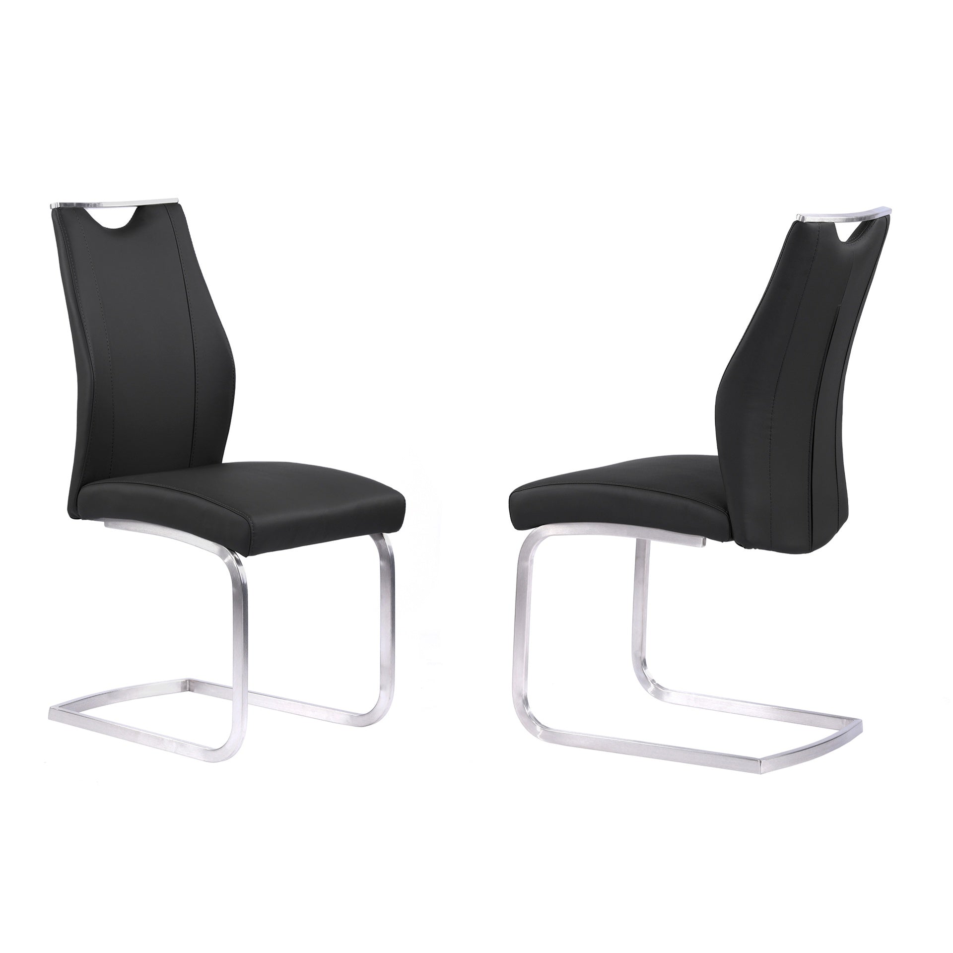 Bravo Contemporary Dining Chair In Black Faux Leather and Brushed Stainless Steel Finish - Set of 2