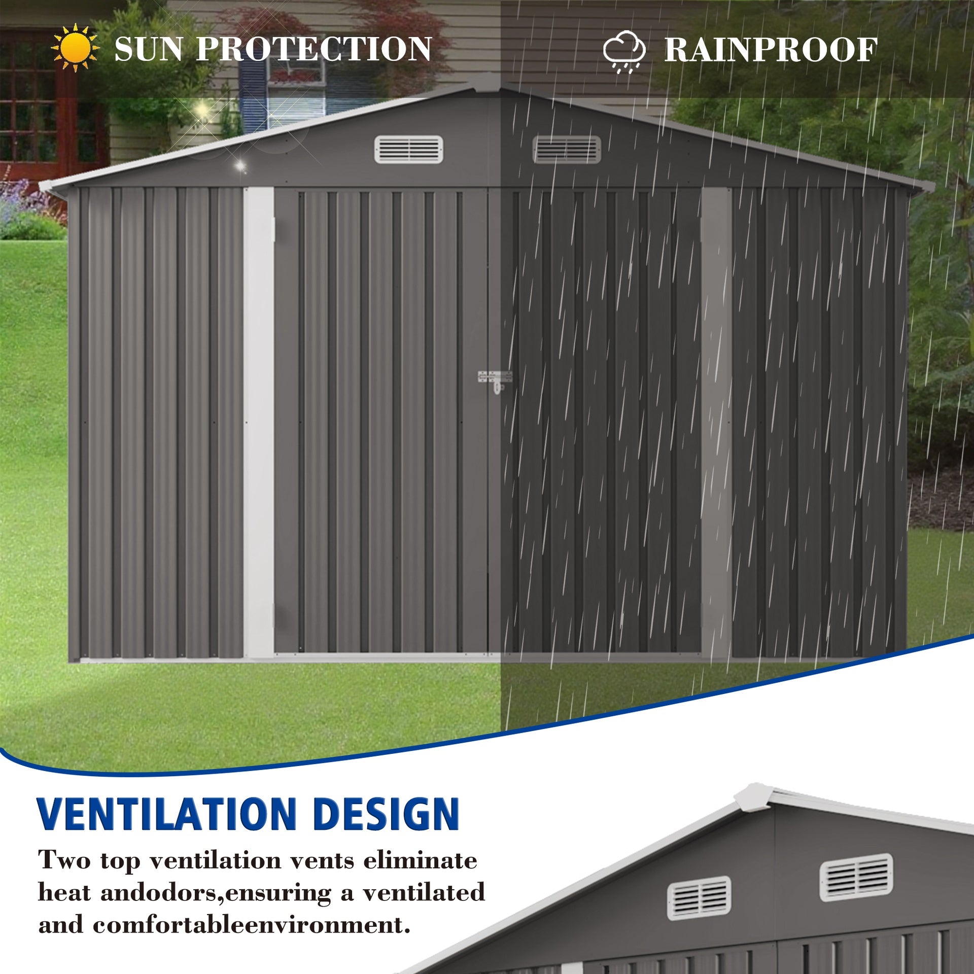 10 x 8 FT Outdoor Storage Shed, Large Metal Storage Shed, Lockable Door and Air Vent, Clear Window Garden Tool Shed for Bicycles, Tools, Lawnmowers, Backyards, Patios, Lawns - Gray