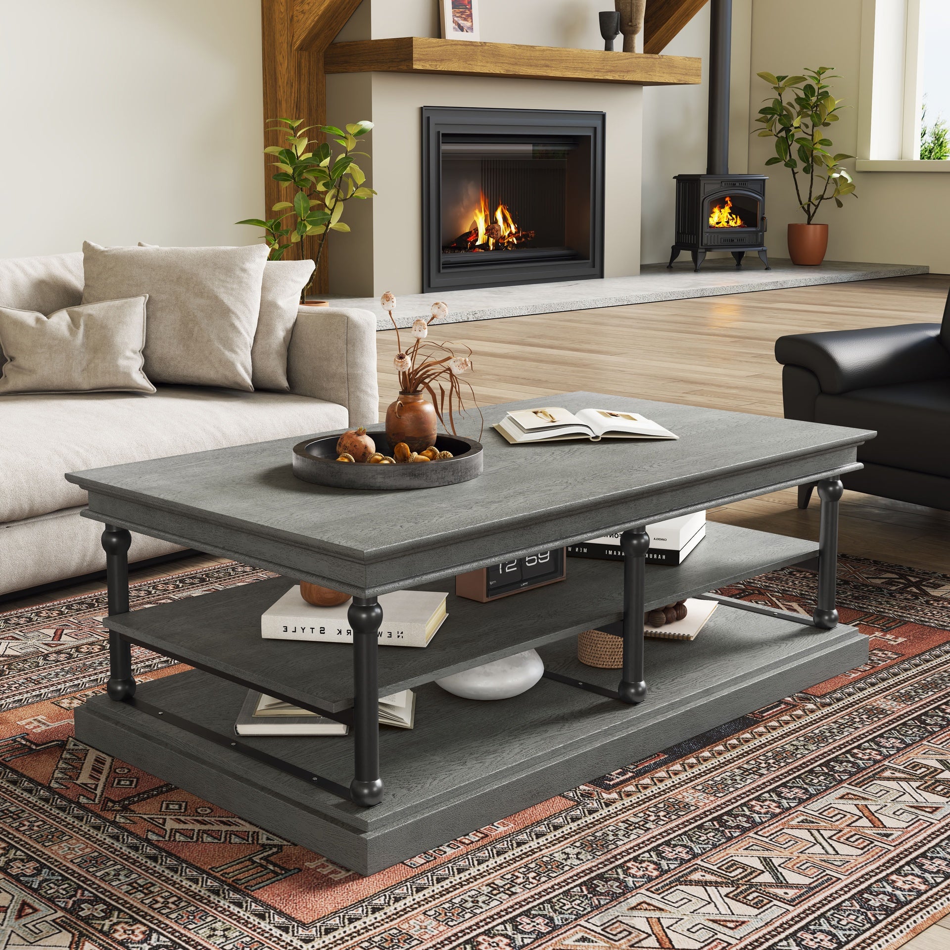 55.1" Wood Coffee Table with Black Legs, 2 Open Storage Shelves, Modern Living Room Table, Gray