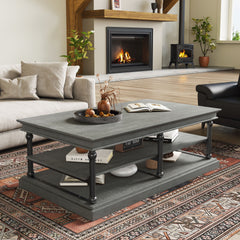55.1" Wood Coffee Table with Black Legs, 2 Open Storage Shelves, Modern Living Room Table, Gray