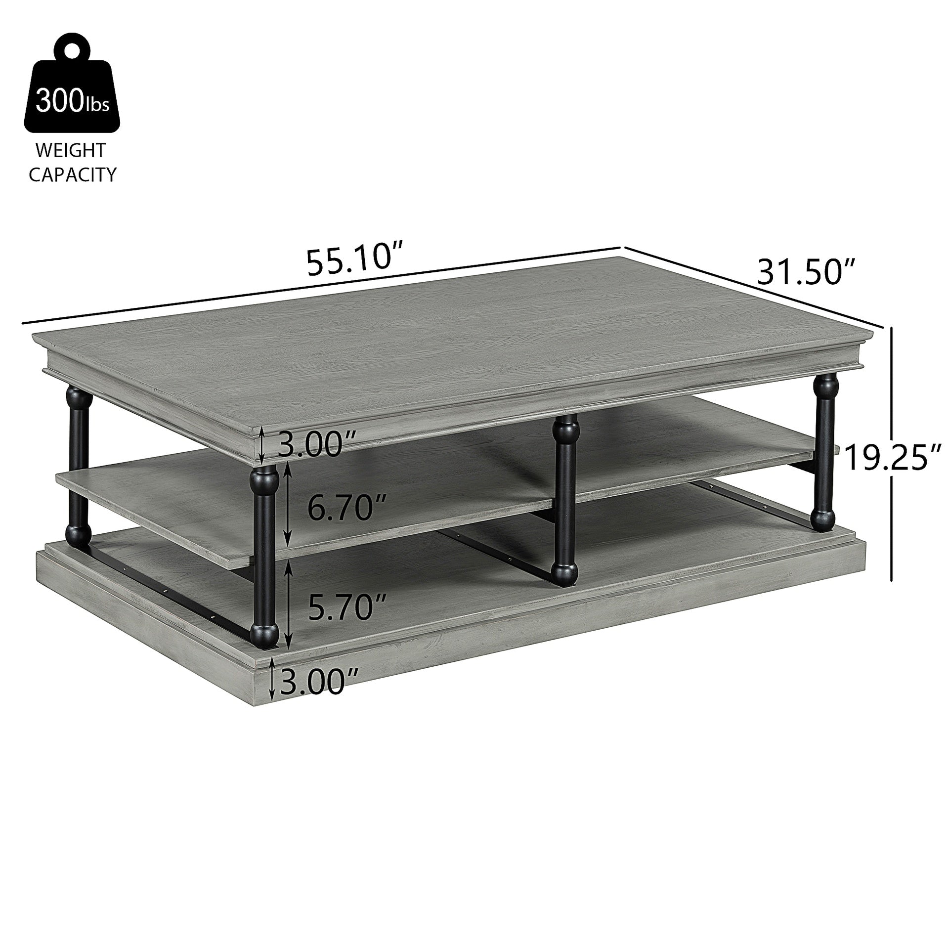 55.1" Wood Coffee Table with Black Legs, 2 Open Storage Shelves, Modern Living Room Table, Gray
