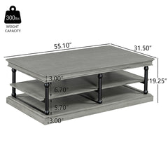 55.1" Wood Coffee Table with Black Legs, 2 Open Storage Shelves, Modern Living Room Table, Gray