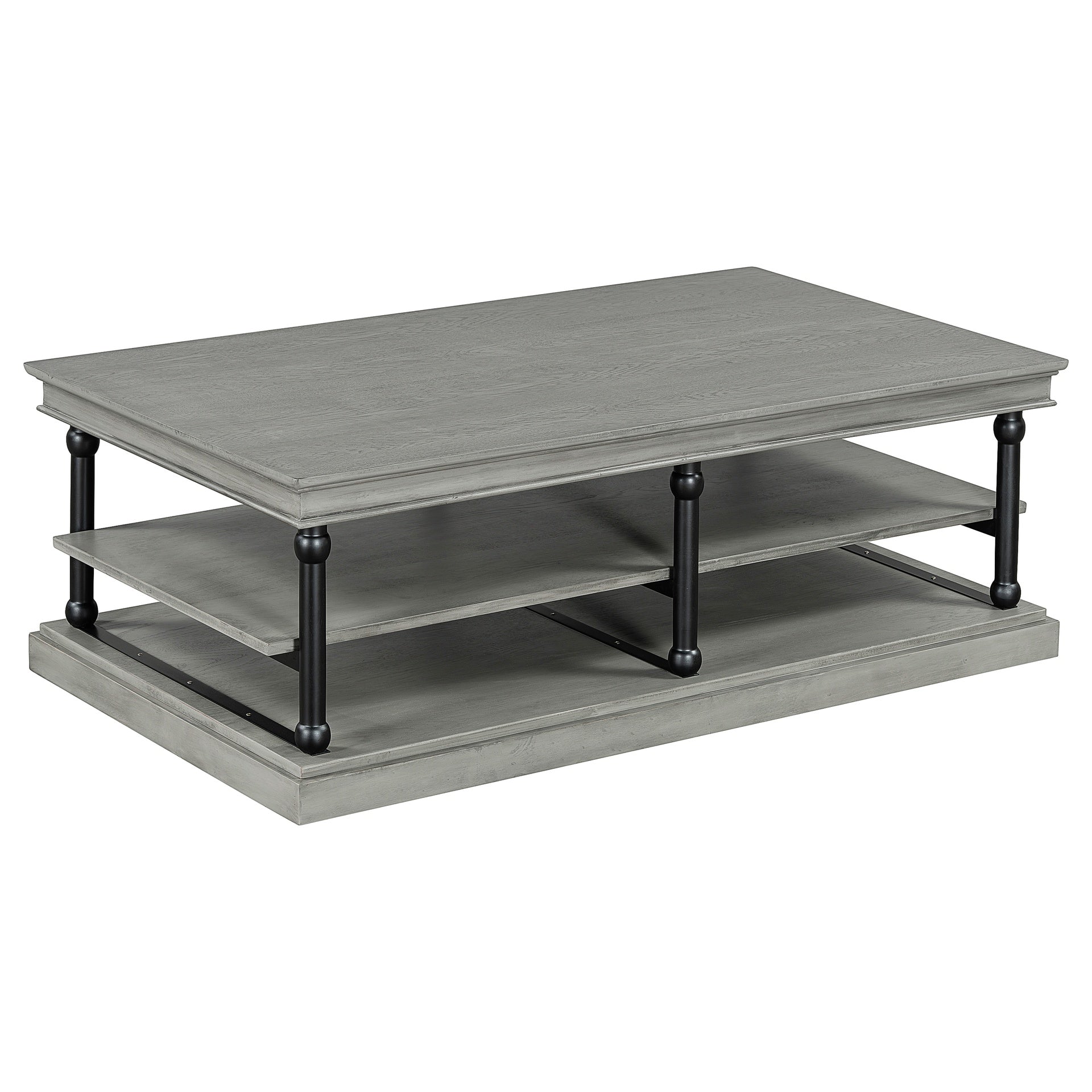 55.1" Wood Coffee Table with Black Legs, 2 Open Storage Shelves, Modern Living Room Table, Gray