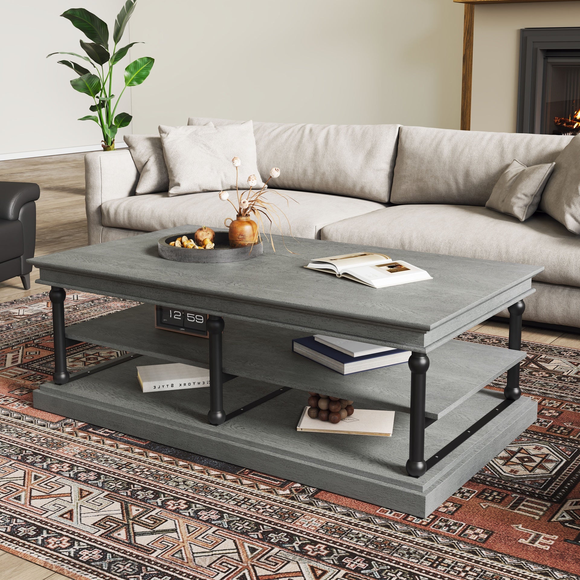 55.1" Wood Coffee Table with Black Legs, 2 Open Storage Shelves, Modern Living Room Table, Gray