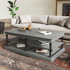 55.1" Wood Coffee Table with Black Legs, 2 Open Storage Shelves, Modern Living Room Table, Gray