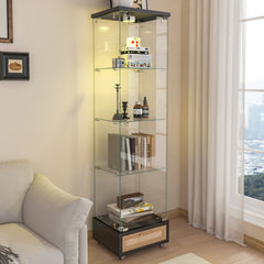 Modern Glass Display Cabinet with Drawer , Quick-assembly Antique Cabinet with LED lights, Tempered Glass Bookshelf,  1-Door Storage Case with 4 Shelves  for Living Room and Bedroom, black and natural
