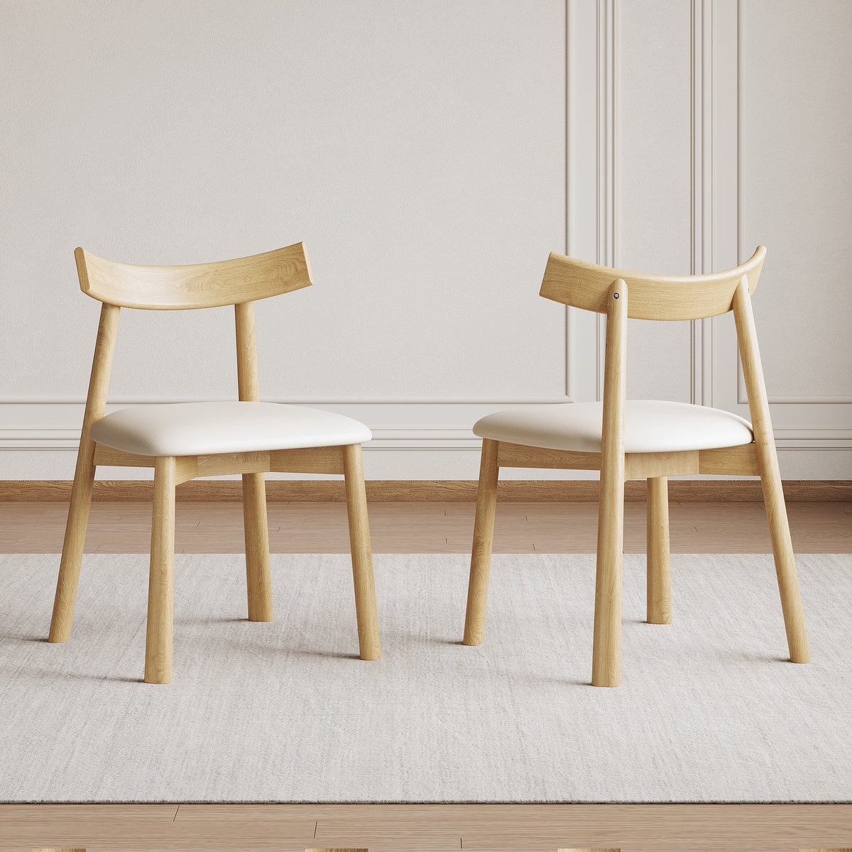 Set of 2 Modern Dining Chairs in Natural Wood, Ergonomic Armless Kitchen Chairs with Thick Leather Cushions & Curved Backrest, Sturdy Wooden Leg Chairs for Restaurant, Cafe, Bedroom