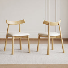 Set of 2 Modern Dining Chairs in Natural Wood, Ergonomic Armless Kitchen Chairs with Thick Leather Cushions & Curved Backrest, Sturdy Wooden Leg Chairs for Restaurant, Cafe, Bedroom