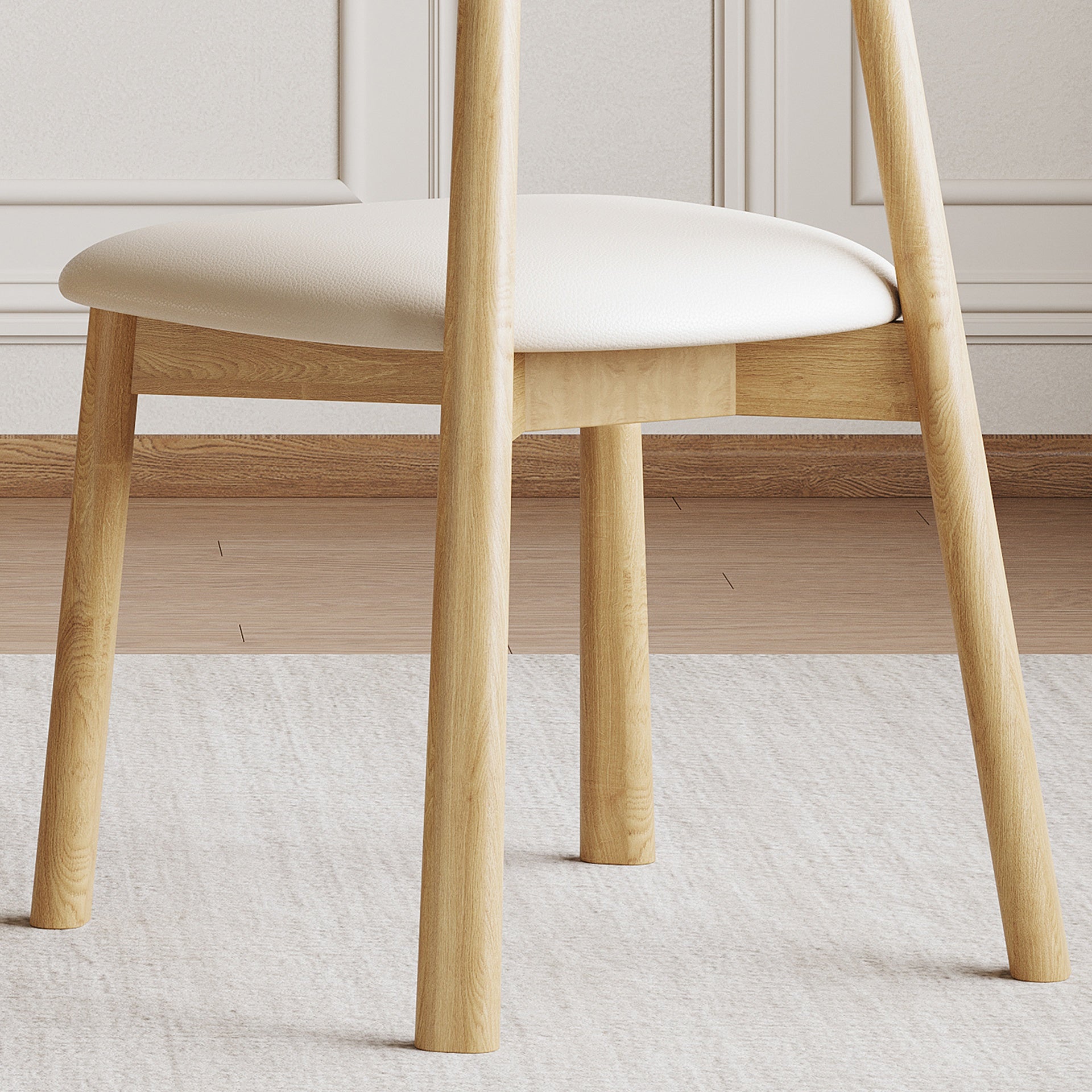 Set of 2 Modern Dining Chairs in Natural Wood, Ergonomic Armless Kitchen Chairs with Thick Leather Cushions & Curved Backrest, Sturdy Wooden Leg Chairs for Restaurant, Cafe, Bedroom