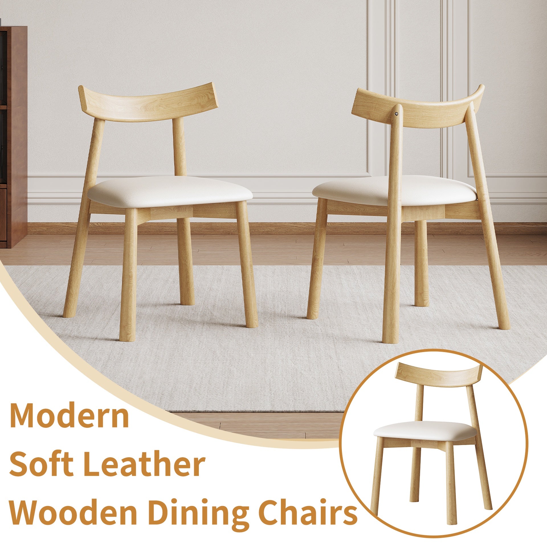 Set of 2 Modern Dining Chairs in Natural Wood, Ergonomic Armless Kitchen Chairs with Thick Leather Cushions & Curved Backrest, Sturdy Wooden Leg Chairs for Restaurant, Cafe, Bedroom