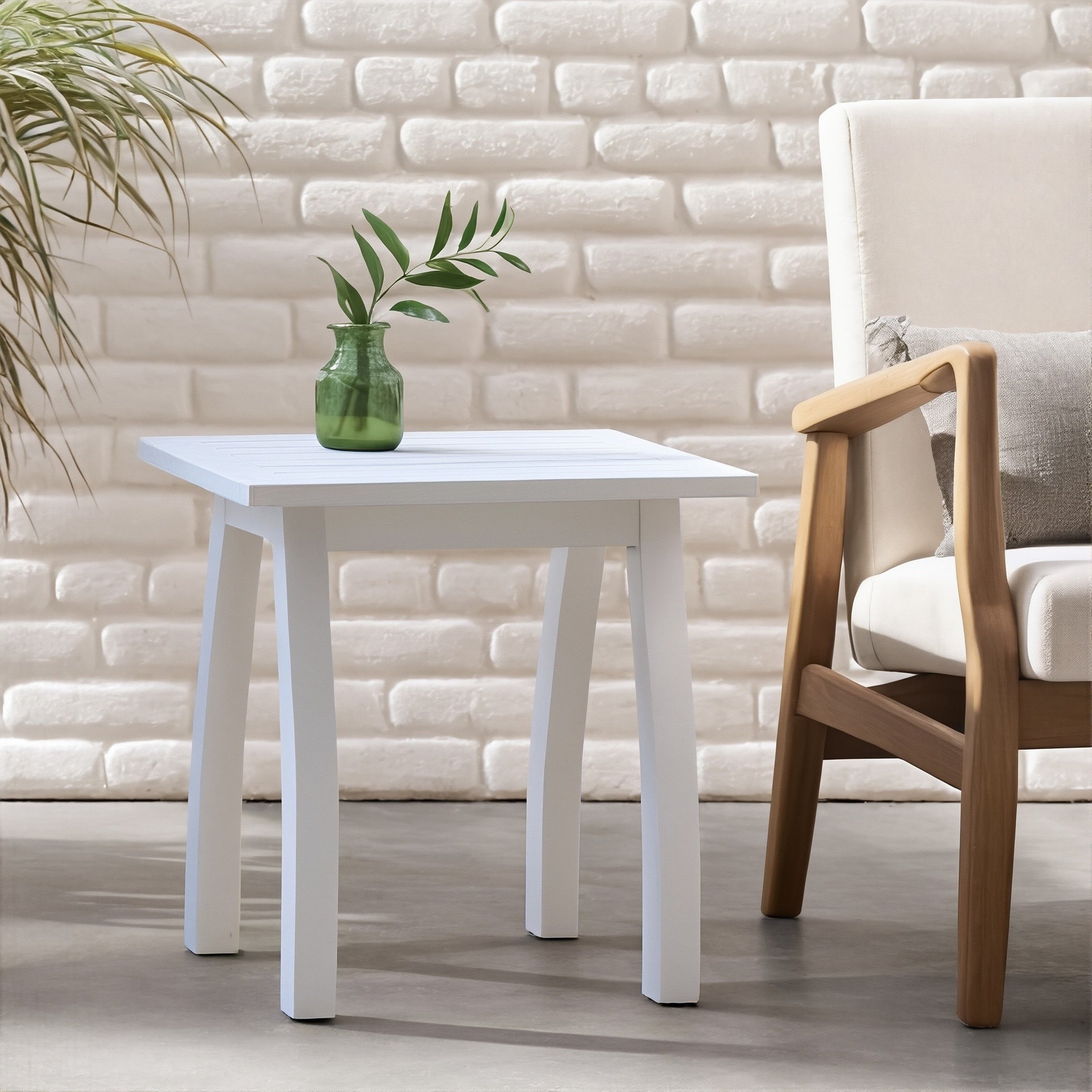 SELMA Acacia wood Accent Side Table in White PU, Weather-Resistant Rectangular End Table for Patio, Garden, Lawn, and Living Room(White PU)