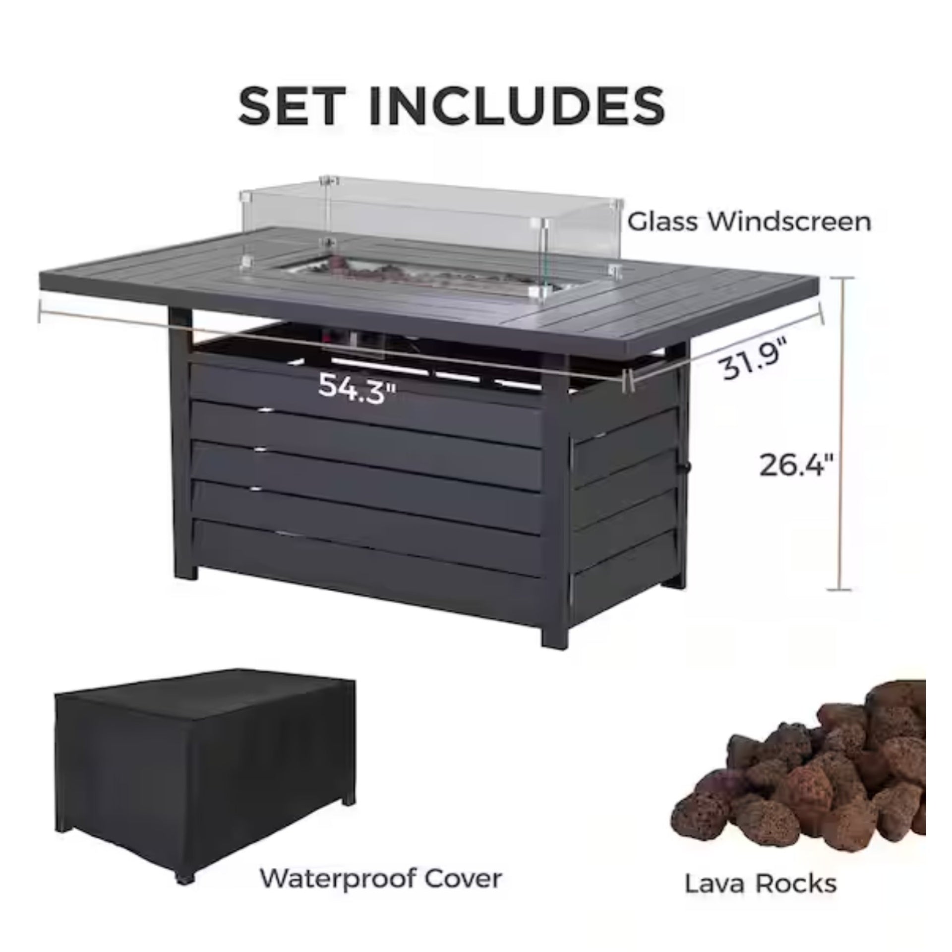 54.3” Outdoor Patio Dark Grey Aluminum Fire Pit Table, 50000 BTU CSA Certified Propane Gas Fire Pit, Rectangular Fire Table w/Stainless Burner, Lava Rock, Waterproof Cover