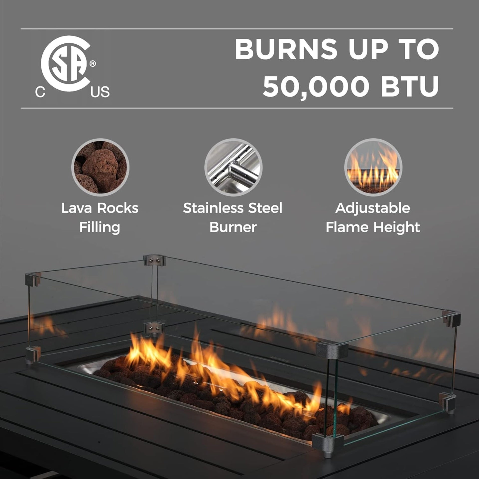 54.3” Outdoor Patio Dark Grey Aluminum Fire Pit Table, 50000 BTU CSA Certified Propane Gas Fire Pit, Rectangular Fire Table w/Stainless Burner, Lava Rock, Waterproof Cover