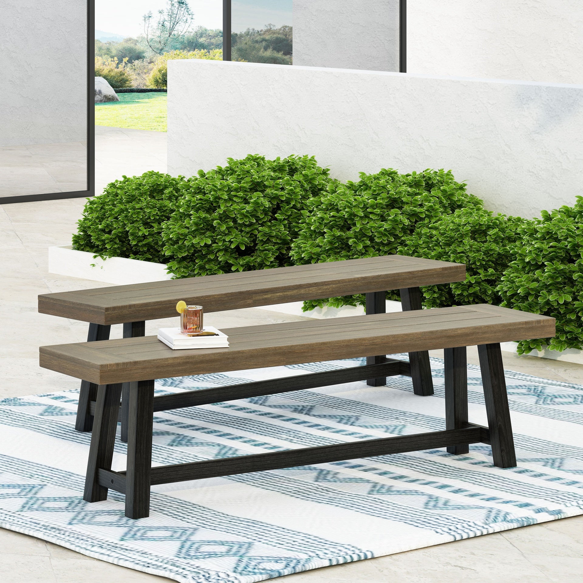 Acacia Outdoor Bench,Sandblast Gray Finish and Black,set of 2