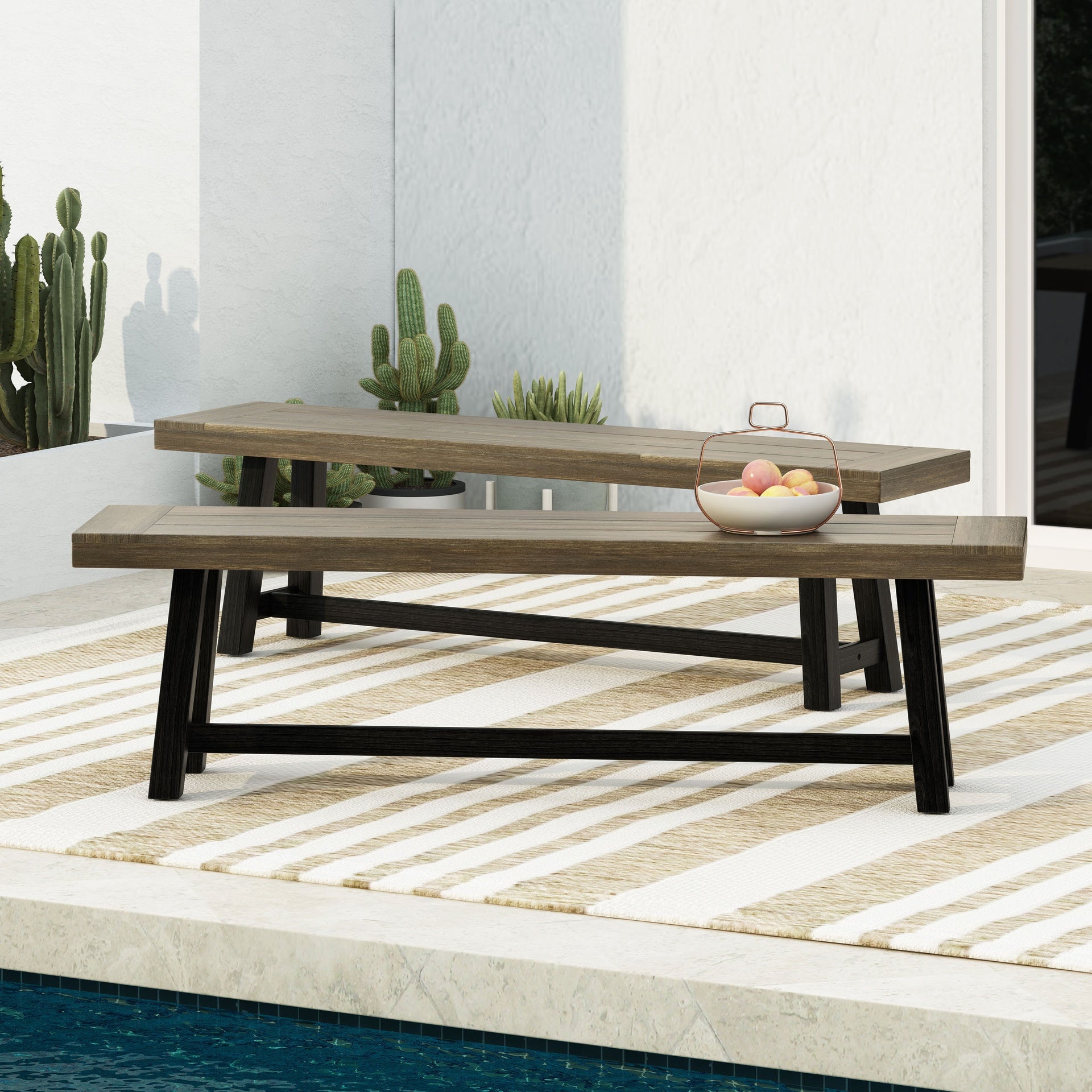 Acacia Outdoor Bench,Sandblast Gray Finish and Black,set of 2