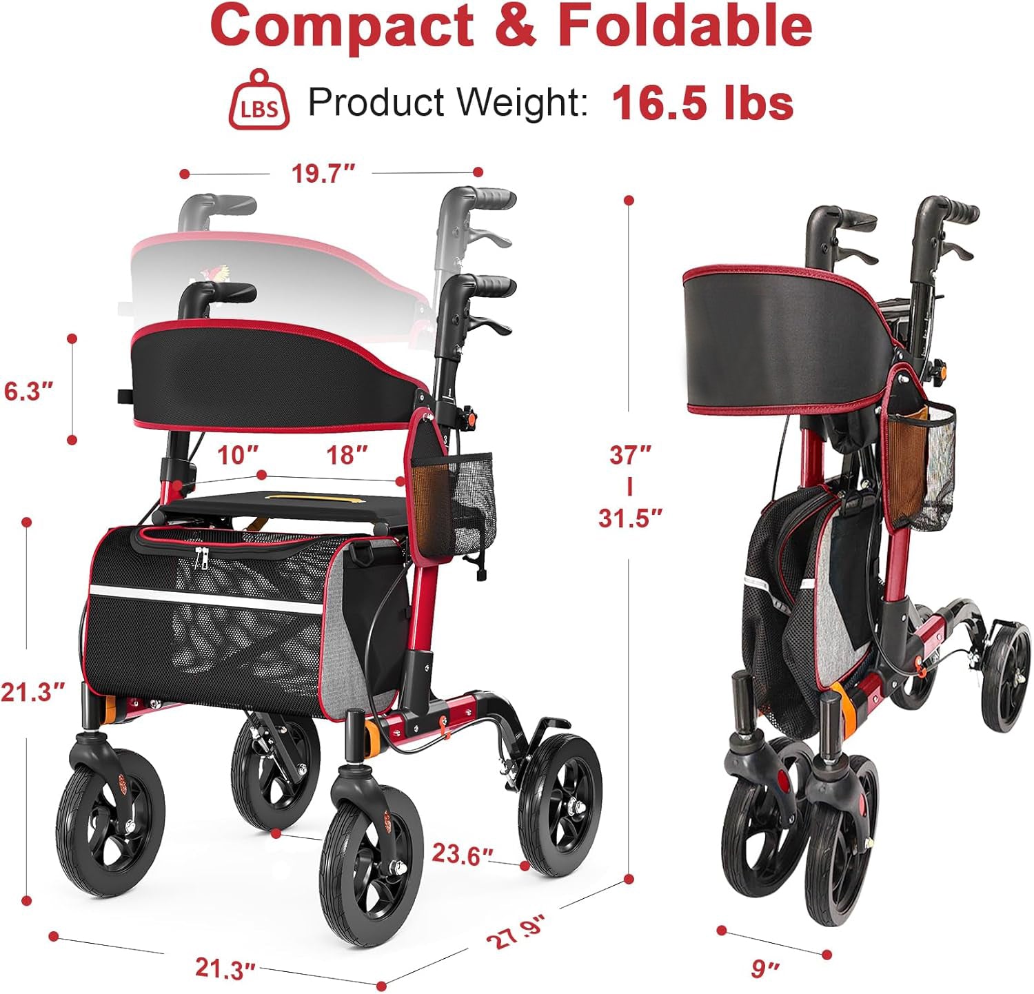 Walkers for Seniors, Rollator Walker with Seat, 350 lb Weight Capacity, 18" Big Seat, 8" All-Terrain Wheels, 6-Level Adjustable Height, Lightweight Aluminum Frame Rollator Walkers for Seniors (RED)