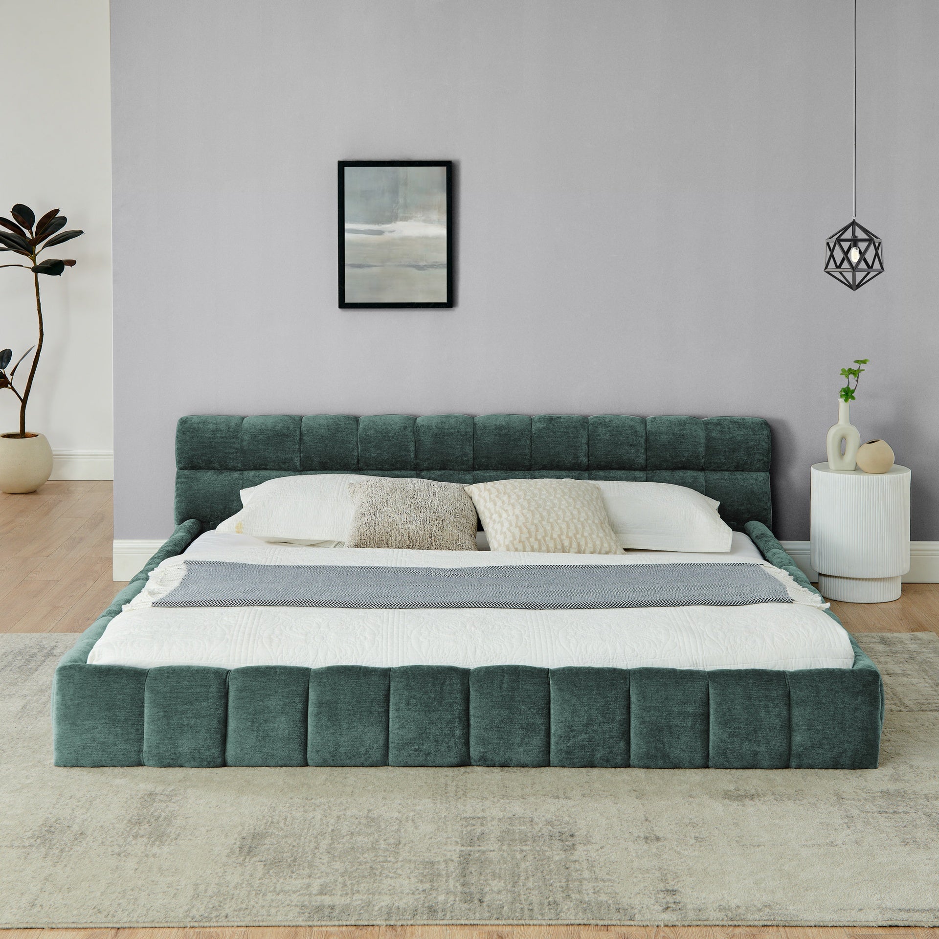 King size  Upholstered Bed Frame with Thick Fabric, Chenille Fabric Grounded King Size Platform Bed with Headboard and Solid Frame. No Box Spring Needed-green(88.5''*85.5''*24'')