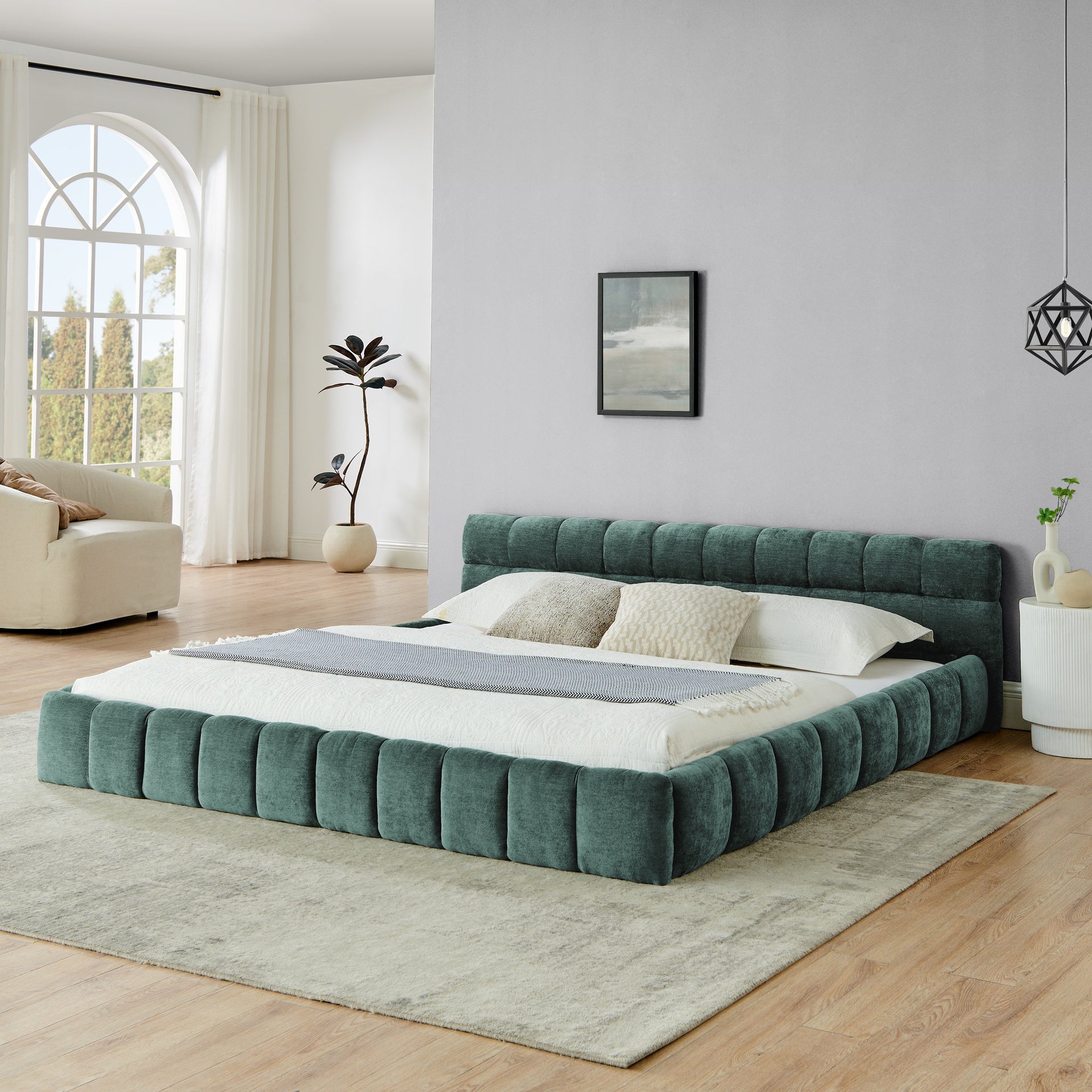 King size  Upholstered Bed Frame with Thick Fabric, Chenille Fabric Grounded King Size Platform Bed with Headboard and Solid Frame. No Box Spring Needed-green(88.5''*85.5''*24'')
