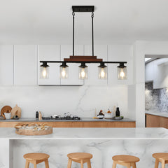 37" Farmhouse Industrial 5-Light Kitchen Island Pendant Light, Metal Wood Chandelier with Clear Glass Shades, Adjustable Height Hanging Fixture for Dining Room, Living Room, Kitchen (No Bulbs)