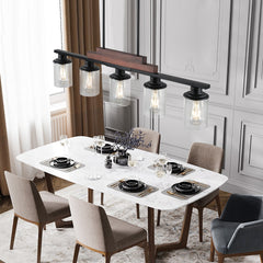 37" Farmhouse Industrial 5-Light Kitchen Island Pendant Light, Metal Wood Chandelier with Clear Glass Shades, Adjustable Height Hanging Fixture for Dining Room, Living Room, Kitchen (No Bulbs)