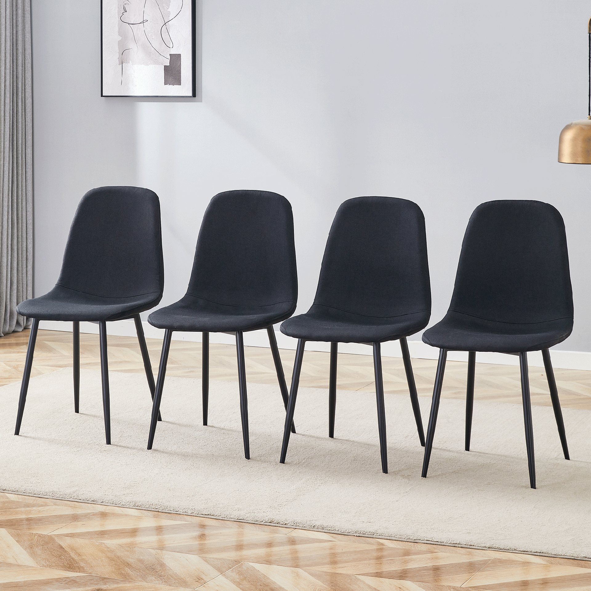 Luxury Simple Chair - Set of 4 BLACK Linen-Cotton Material High Resilience Dining Chair with Metal Black Leg.Integral metal leg architecture,Suitable for various interior decoration styles.