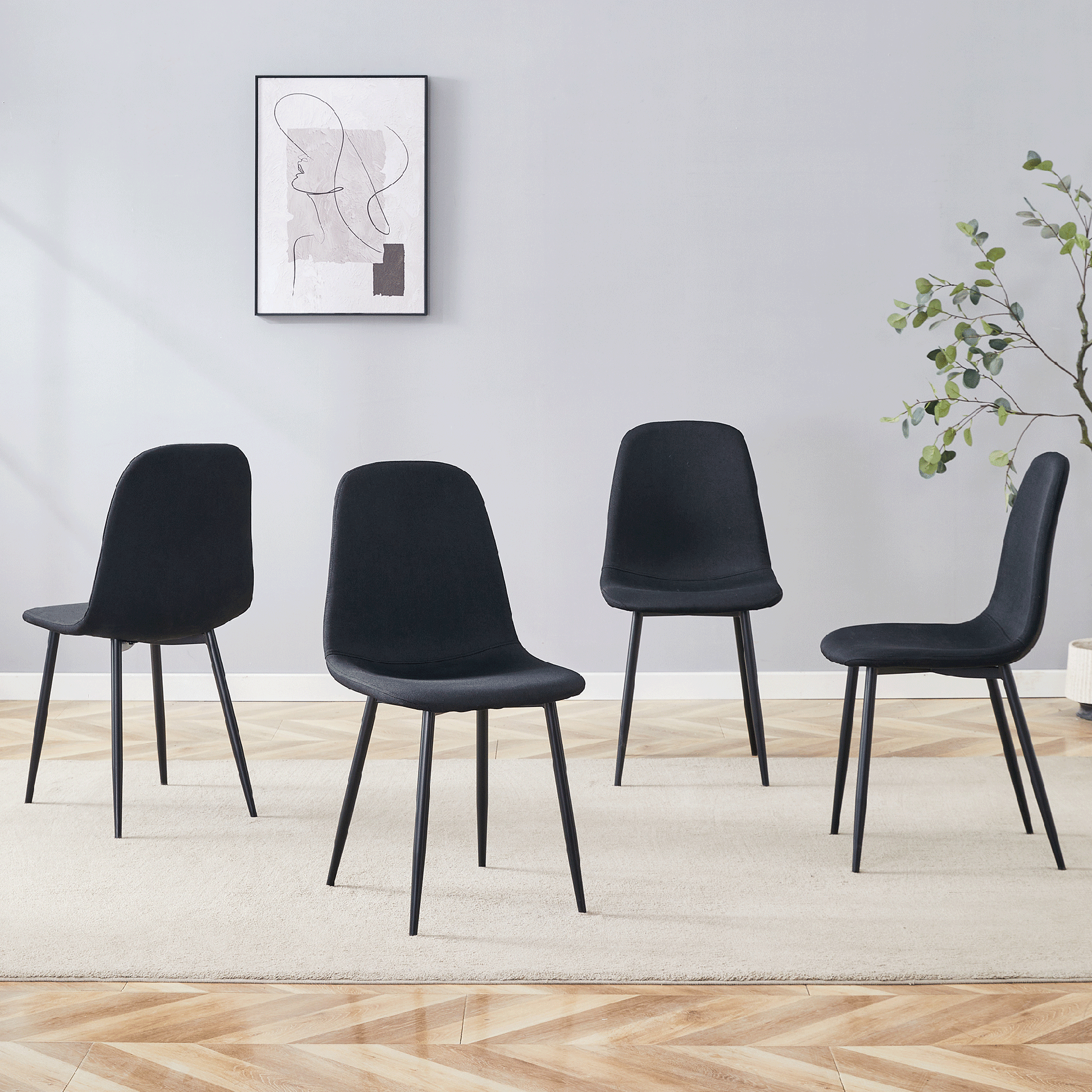 Luxury Simple Chair - Set of 4 BLACK Linen-Cotton Material High Resilience Dining Chair with Metal Black Leg.Integral metal leg architecture,Suitable for various interior decoration styles.