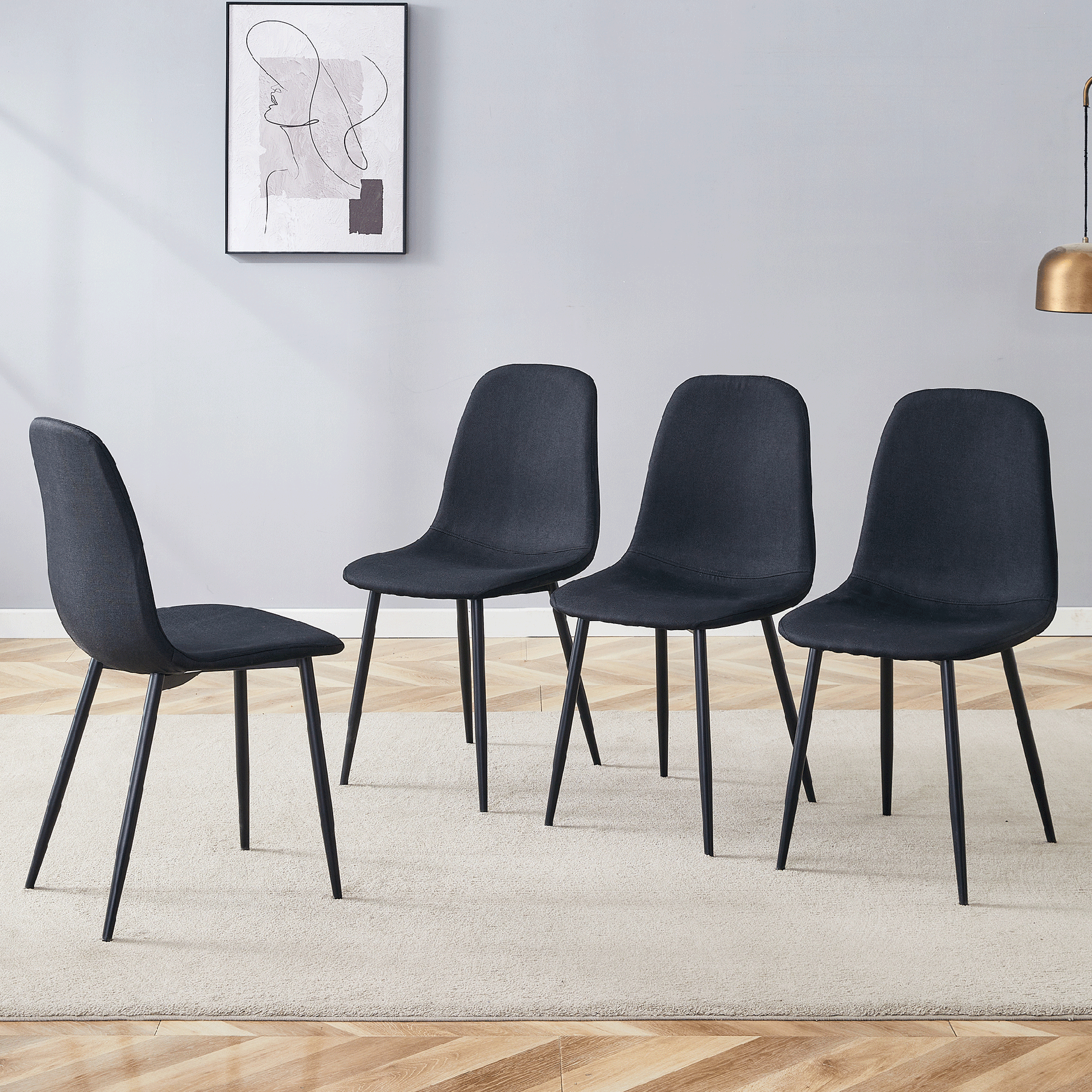 Luxury Simple Chair - Set of 4 BLACK Linen-Cotton Material High Resilience Dining Chair with Metal Black Leg.Integral metal leg architecture,Suitable for various interior decoration styles.