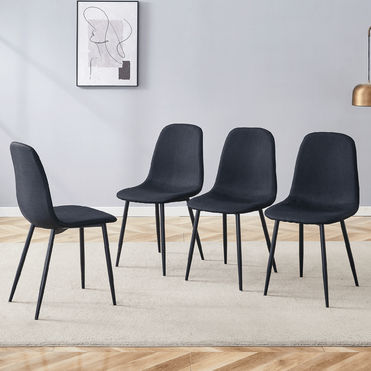 Luxury Simple Chair - Set of 4 BLACK Linen-Cotton Material High Resilience Dining Chair with Metal Black Leg.Integral metal leg architecture,Suitable for various interior decoration styles.