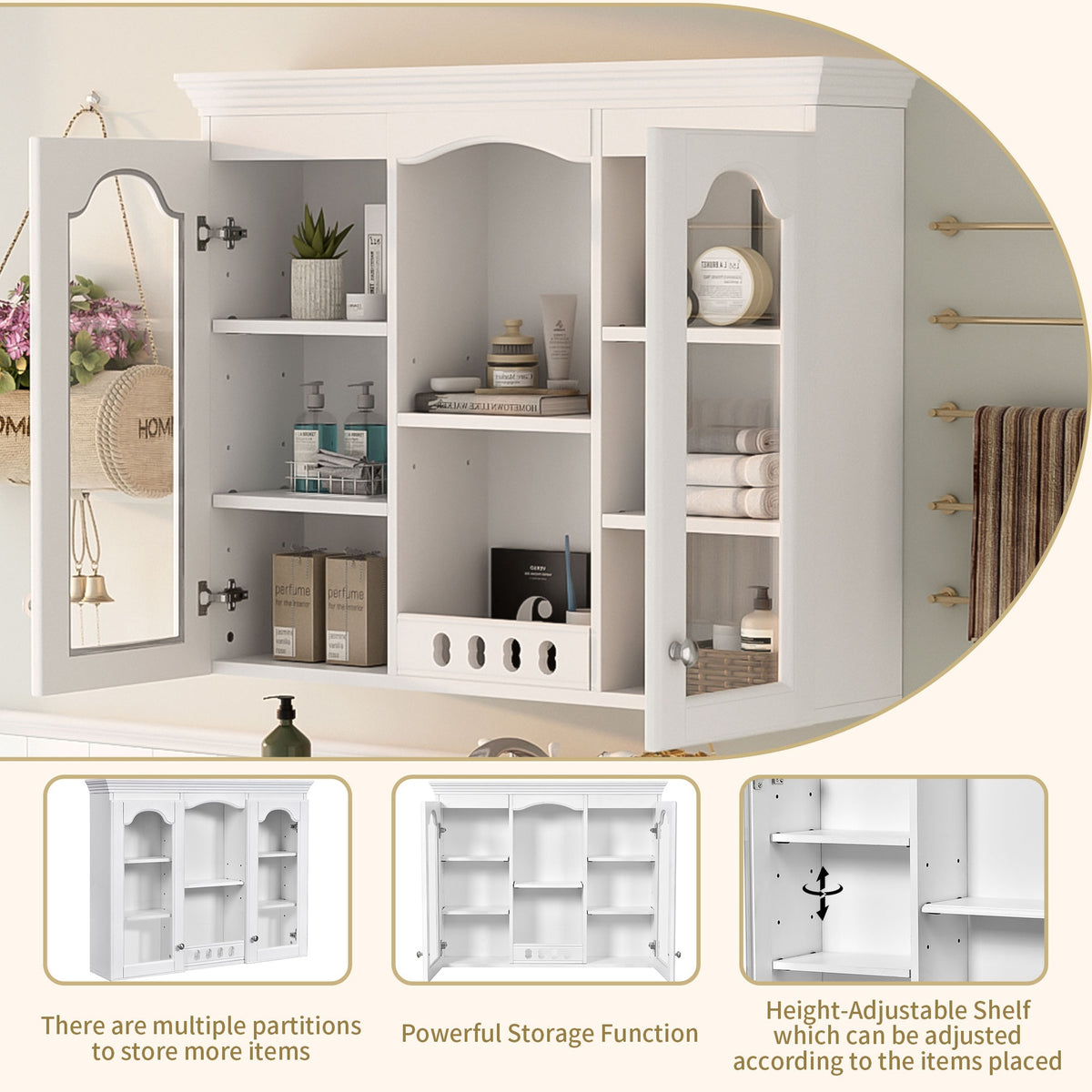 Wall Mounted Medicine Cabinet, Bathroom Wall Cabinet with 2 Glass Doors, Over The Toilet Space Saver Storage Cabinet with Ample Storage, White