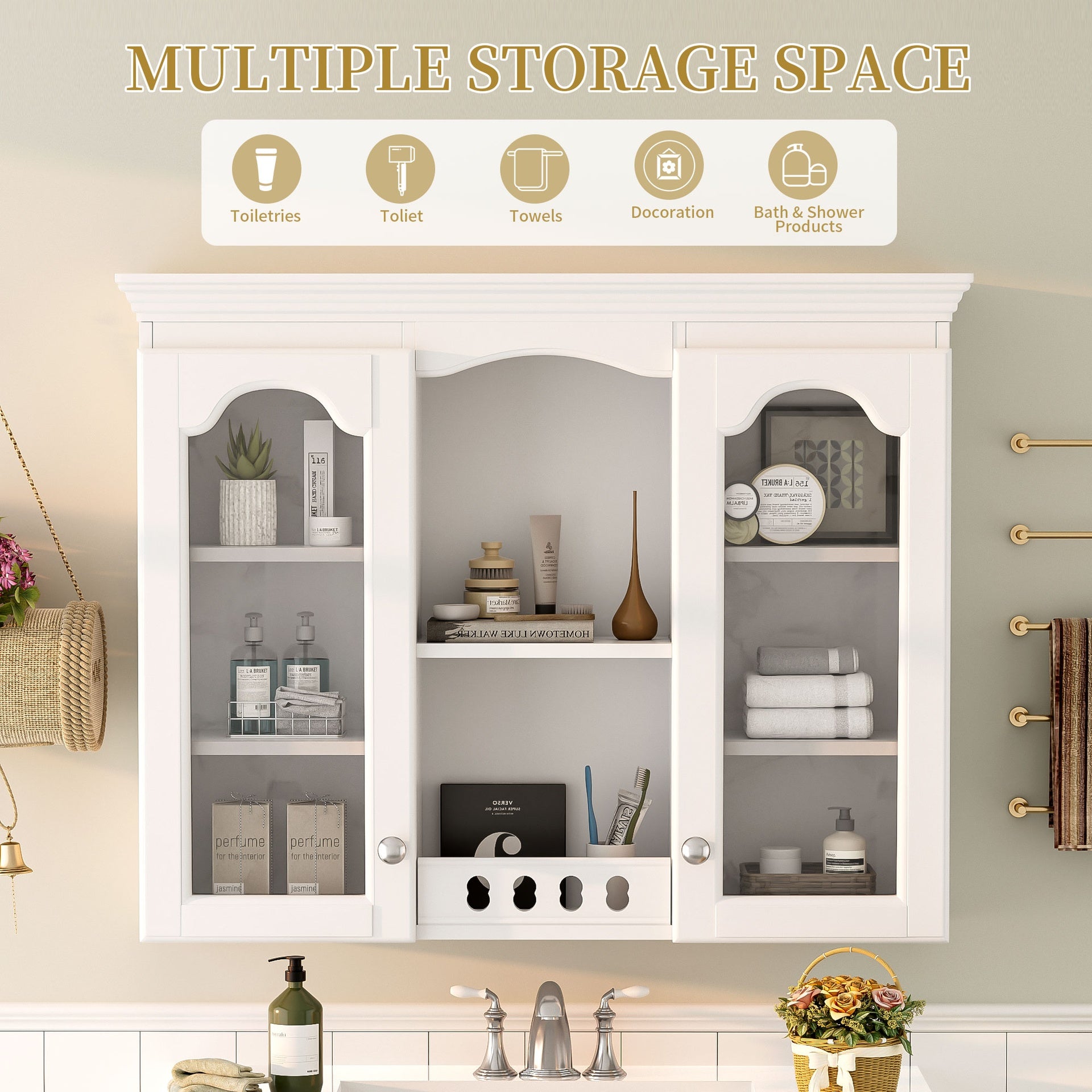 Wall Mounted Medicine Cabinet, Bathroom Wall Cabinet with 2 Glass Doors, Over The Toilet Space Saver Storage Cabinet with Ample Storage, White