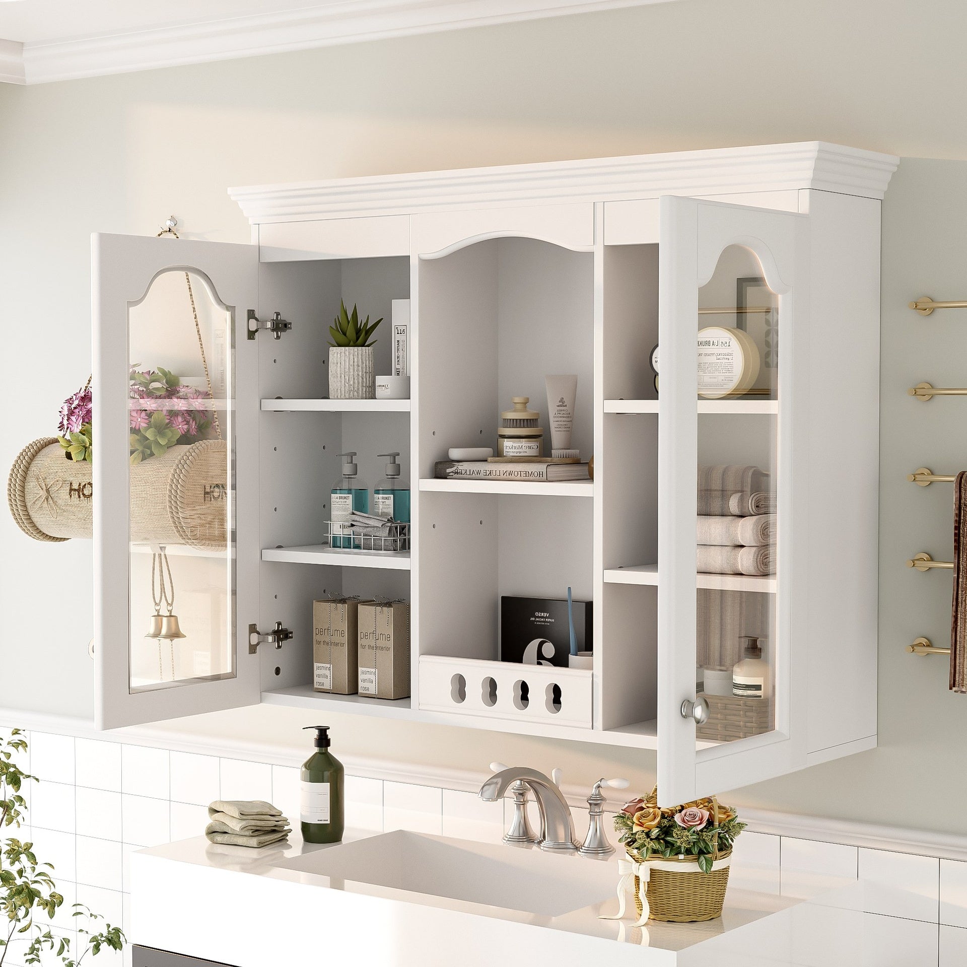 Wall Mounted Medicine Cabinet, Bathroom Wall Cabinet with 2 Glass Doors, Over The Toilet Space Saver Storage Cabinet with Ample Storage, White