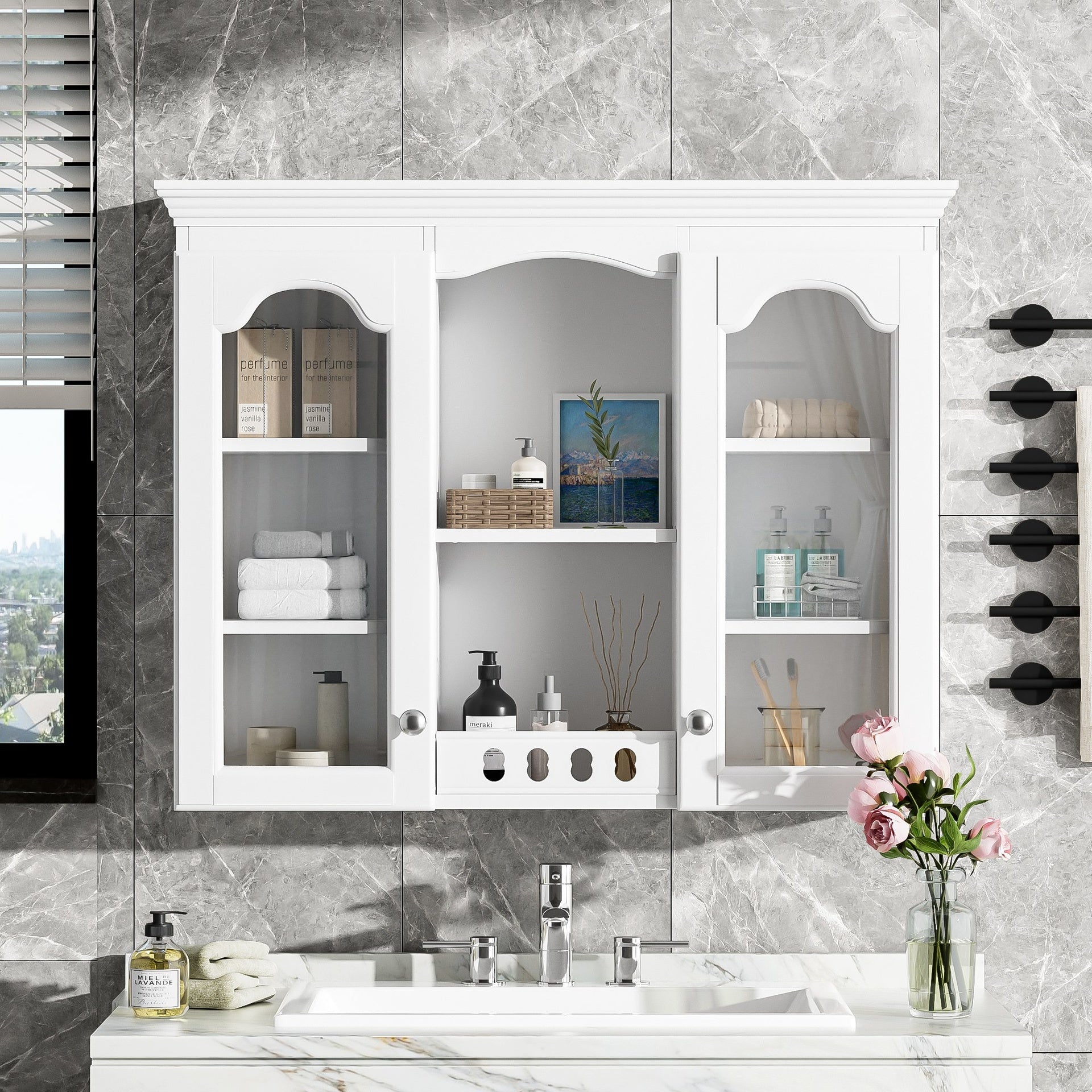 Wall Mounted Medicine Cabinet, Bathroom Wall Cabinet with 2 Glass Doors, Over The Toilet Space Saver Storage Cabinet with Ample Storage, White
